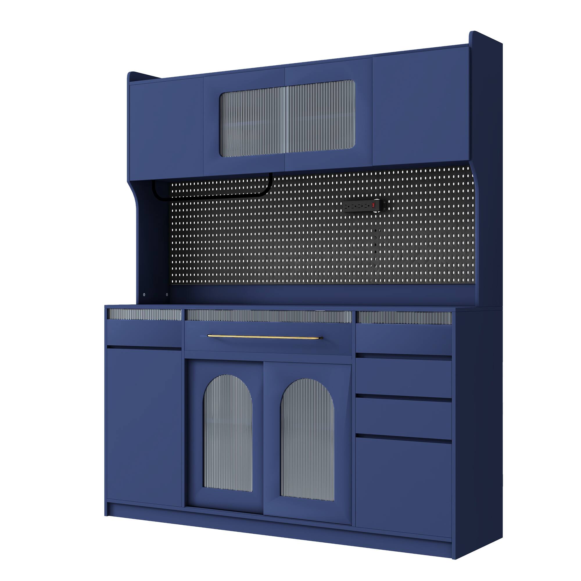 Left. Whisen - 63" W Kitchen Buffet with Hutch, Storage Cabinet with Power Outlet, Drawers & Glass Doors for Dining - Blue.