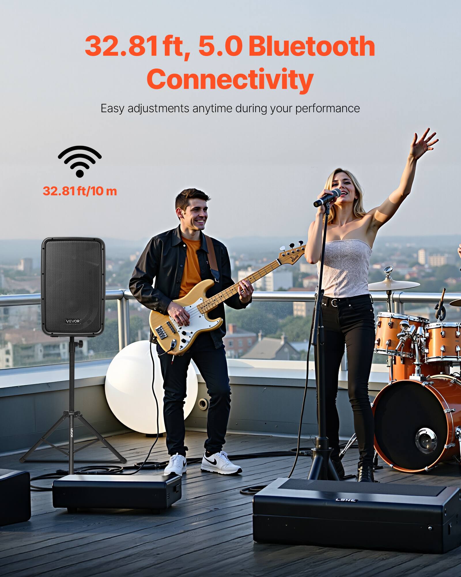 32.81 ft, 5.0 Bluetooth Connectivity  
Easy adjustments anytime during your performance  

32.81 ft/10 m