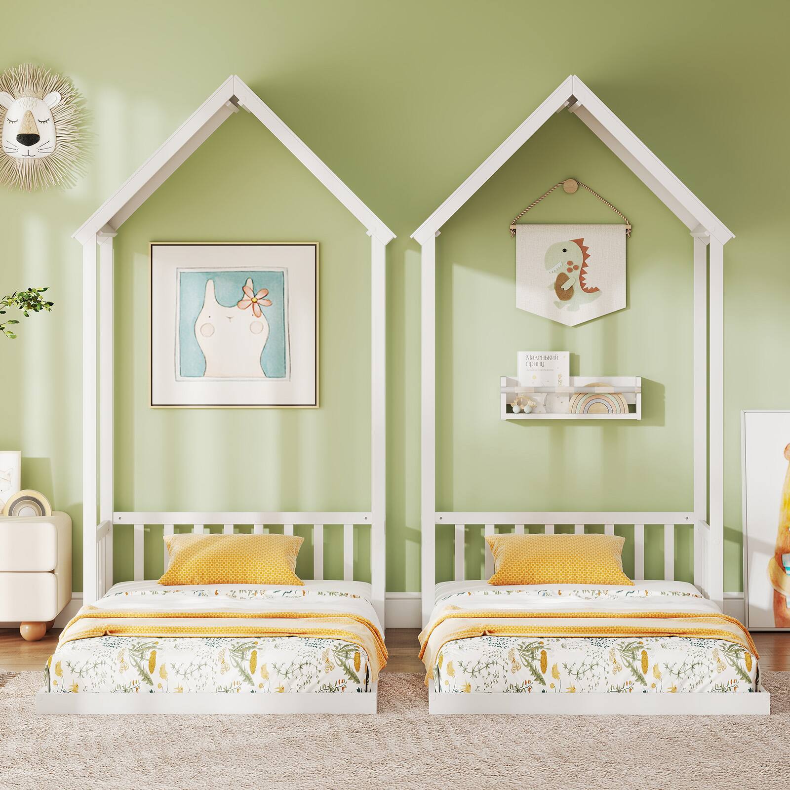 Alt View 5. Costway - Costway Twin Size House Bed Montessori Floor Bed with House Shape Roof & Semi-Fence - White.