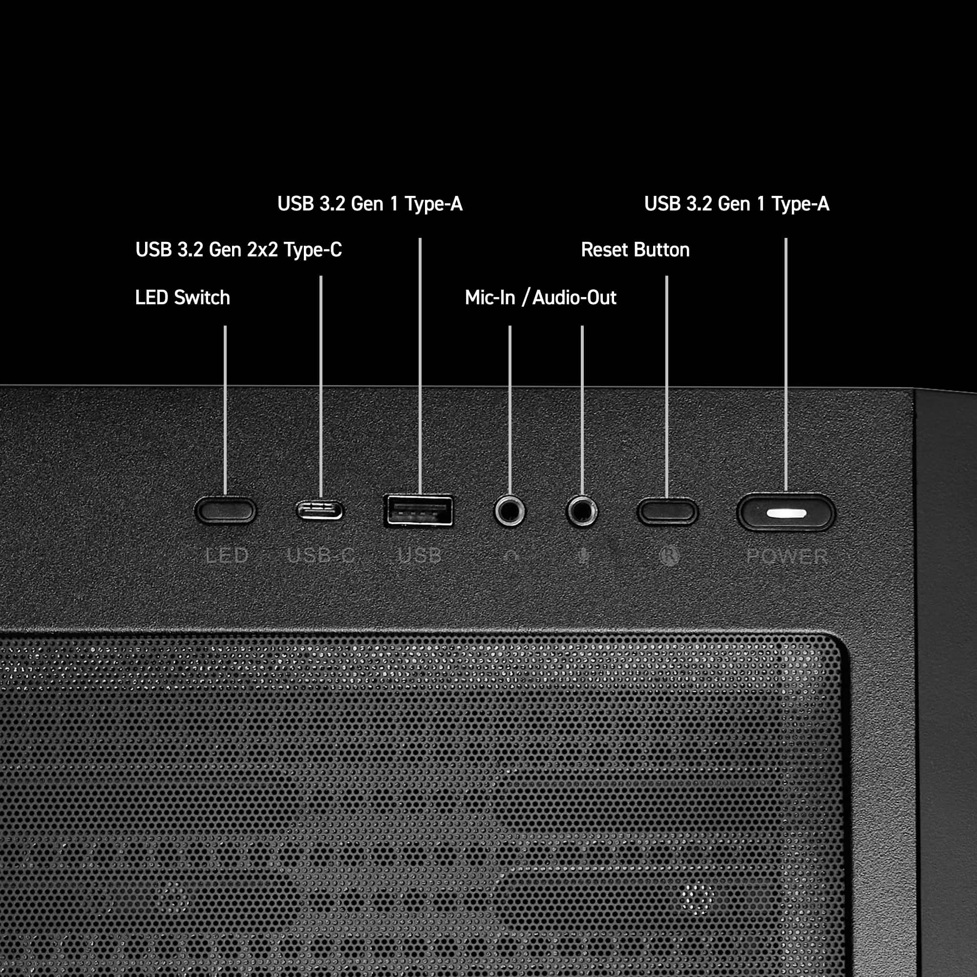 The text on the image is grouped as follows:
1. USB 3.2 Gen 1 Type-A
2. USB 3.2 Gen 1 Type-A
3. USB 3.2 Gen 2x2 Type-C
4. Reset Button
5. LED Switch
6. Mic-In / Audio-Out
7. LED USB.C
8. USB O
9. Power