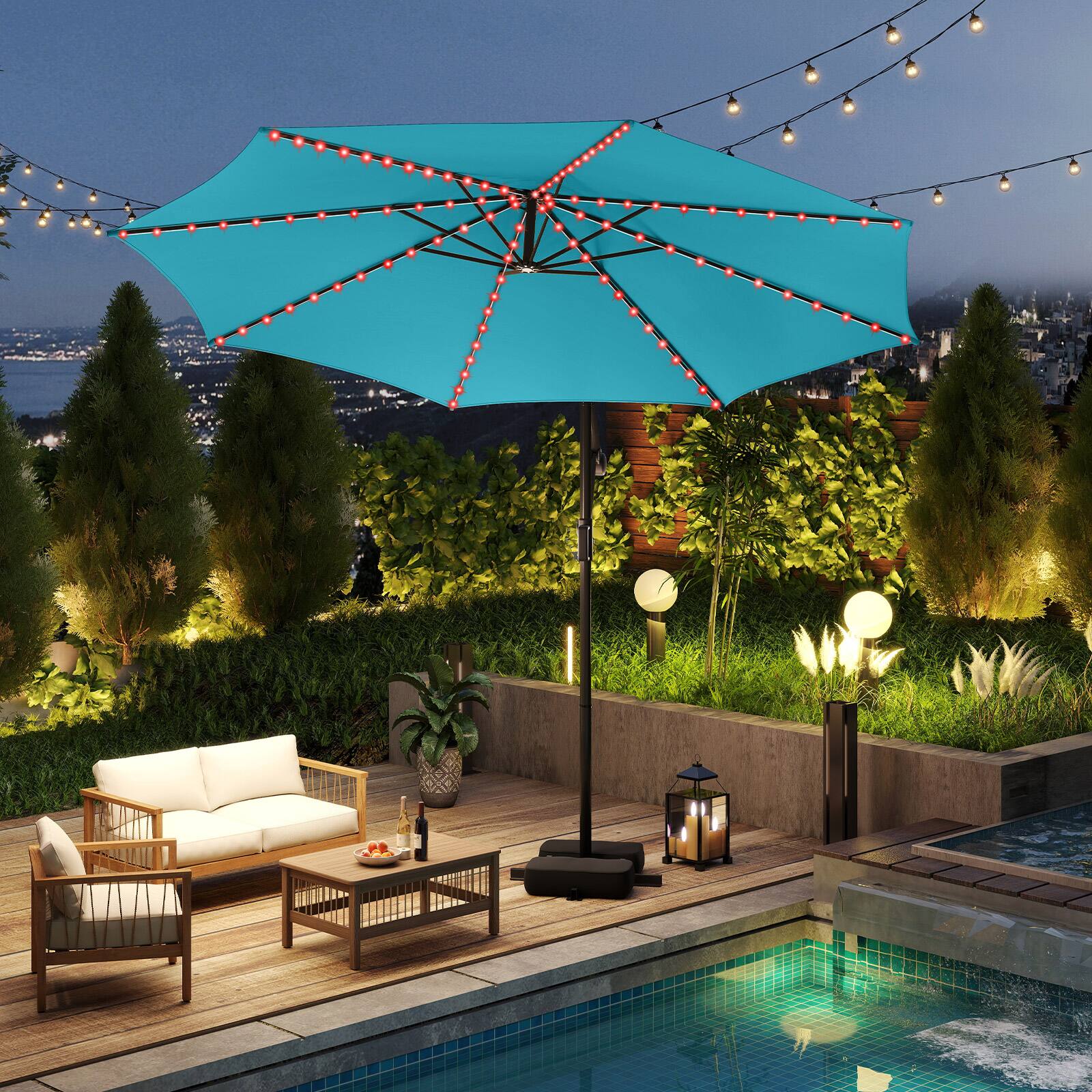 Alt View 3. Costway - Costway 10 FT Solar Offset Hanging Umbrella with 96 Solar Multi-colored Flowing LED Lights - Blue.