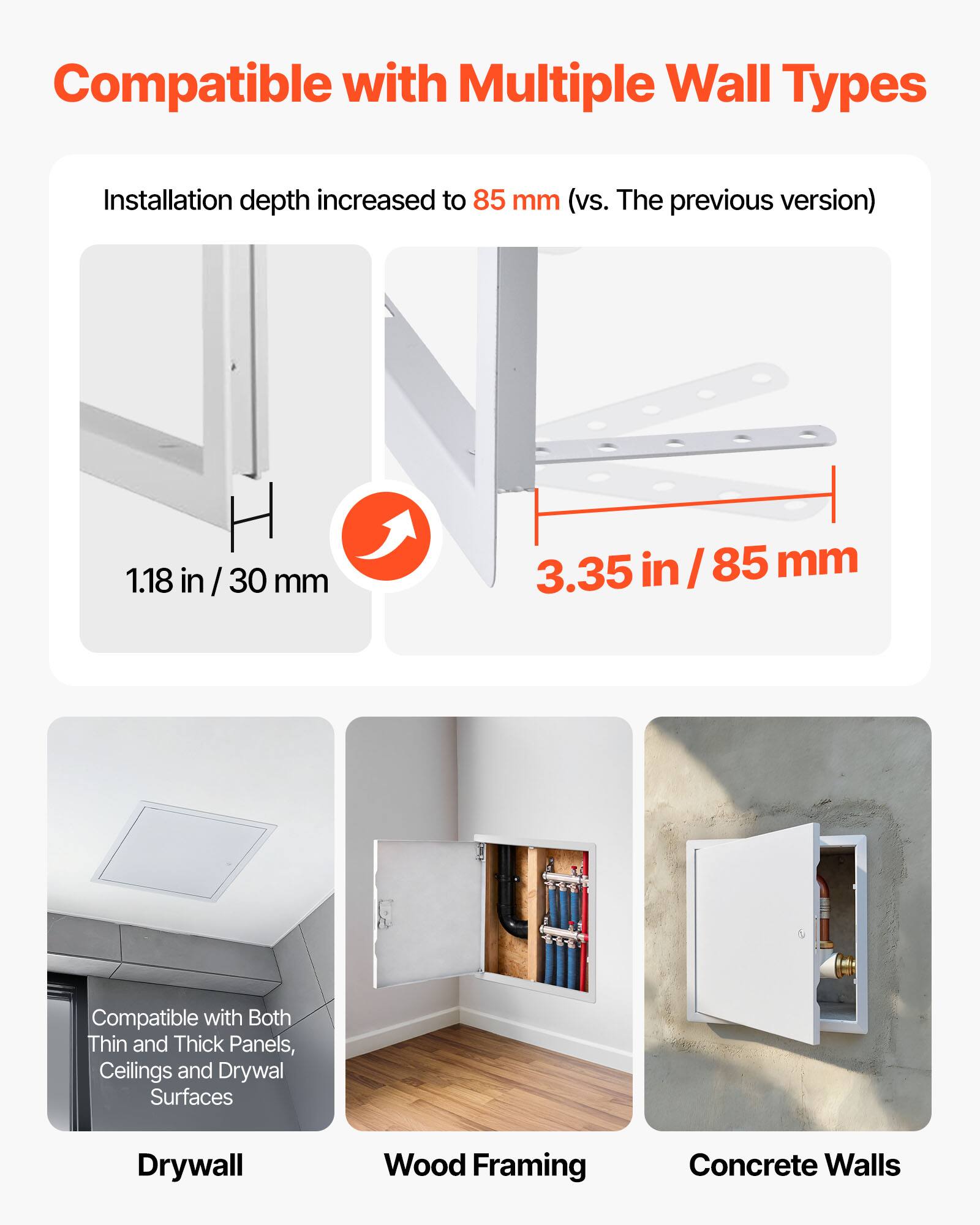 Compatible with Multiple Wall Types

Installation depth increased to 85 mm (vs. The previous version)

1.18 in / 30 mm

3.35 in / 85 mm

Compatible with Both Thin and Thick Panels, Ceilings and Drywall Surfaces

Drywall

Wood Framing

Concrete Walls