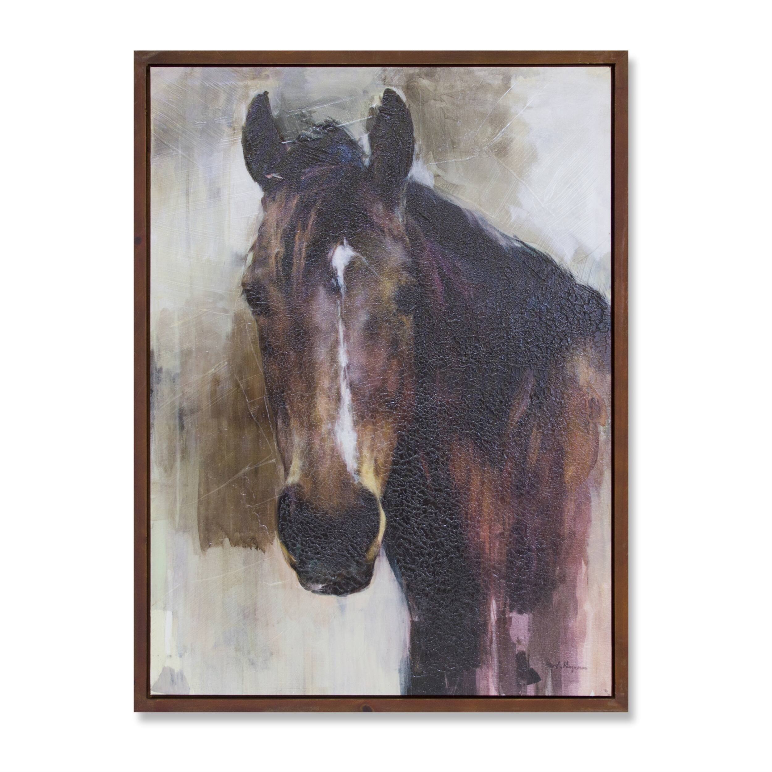 Angle. BreeBe - Wood Framed Horse Canvas Painting 31.5"H - Brown, White, Beige.