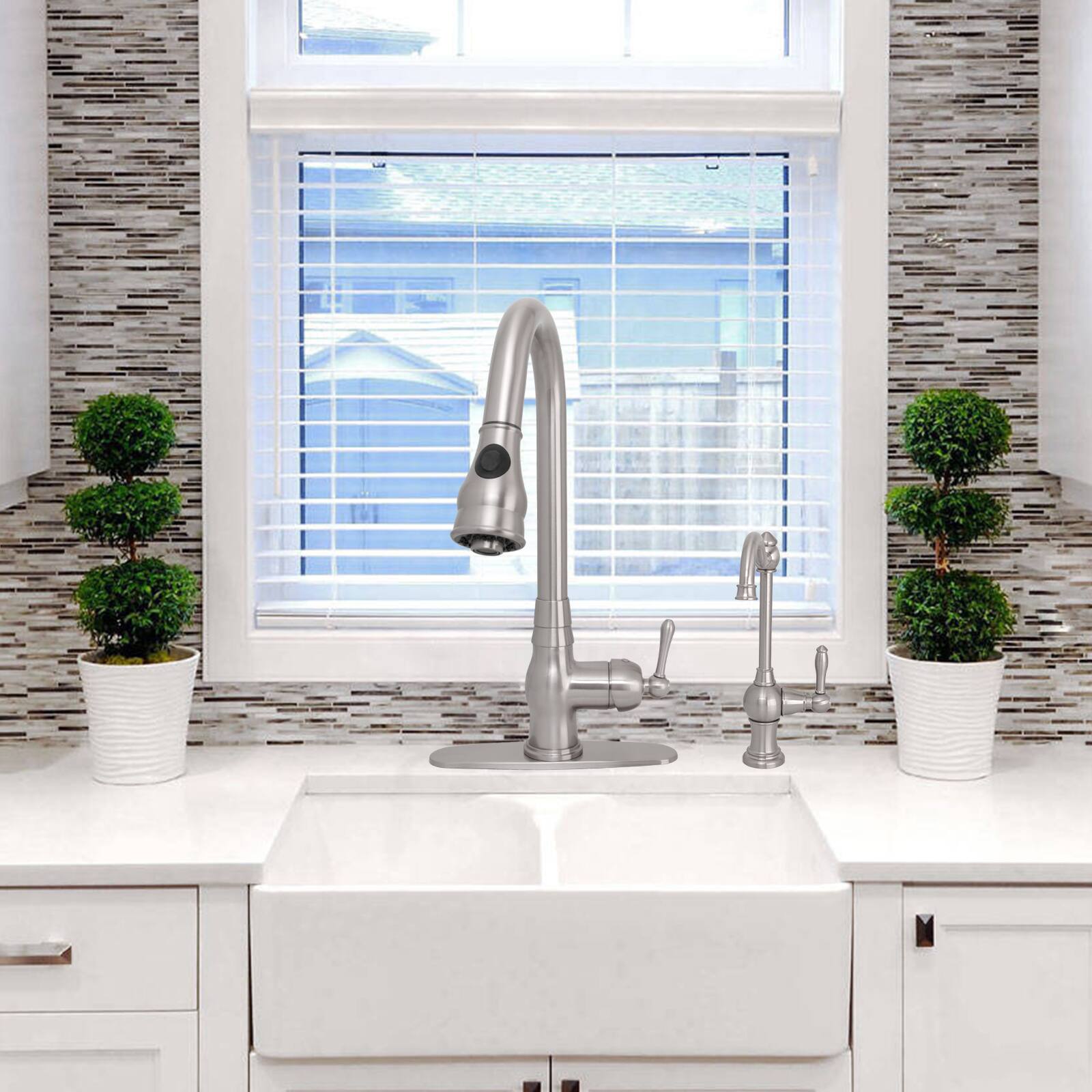 Alt View 4. Akicon - Akicon Solid Brass One-Handle Kitchen Faucet with Pull Down Sprayer in Brushed Nickel - Brushed Nickel.