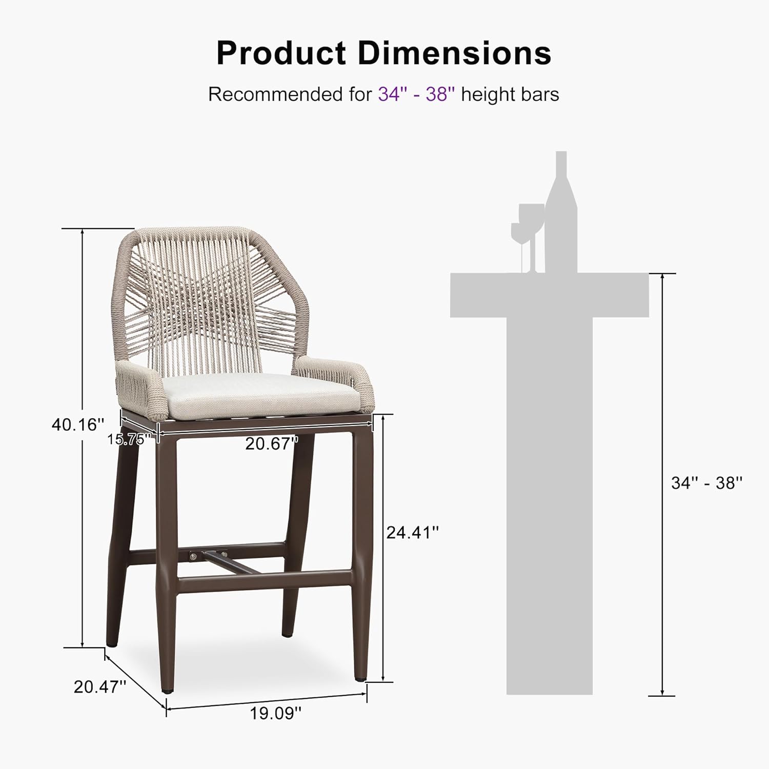 Product Dimensions  
Recommended for 34" - 38" height bars  

- 40.16"  
- 20.67"  
- 24.41"  
- 20.47"  
- 19.09"