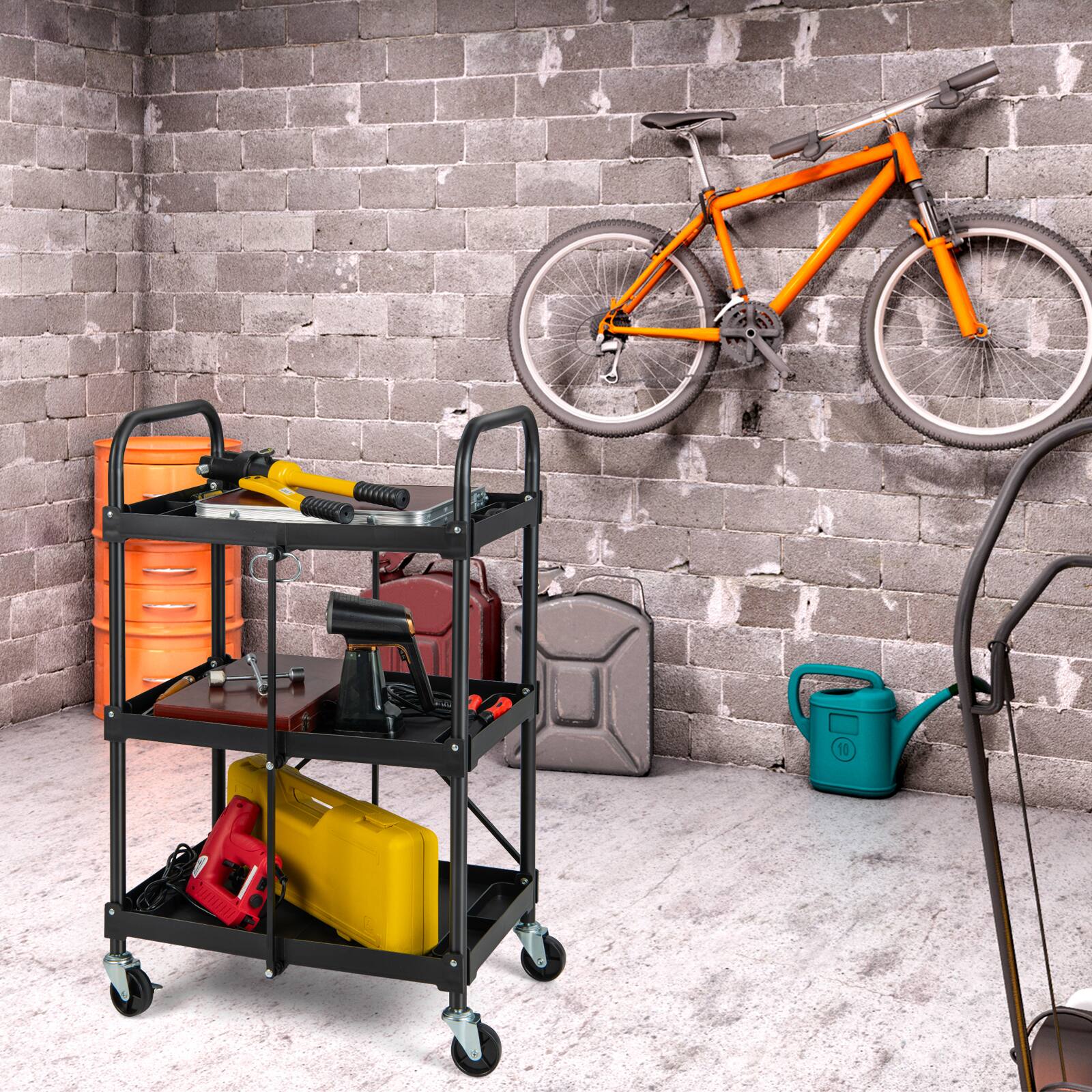 Alt View 1. Costway - Costway Folding Collapsible Service Cart Heavy-Duty 3-Shelf Tool Cart with 4 Wheels - Black.