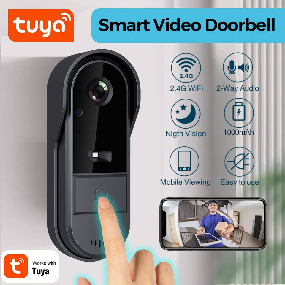 tuya Smart Video Doorbell  
2.4G WiFi  
2-Way Audio  
Night Vision  
1000mAh  
Mobile Viewing  
Easy to use  
Works with Tuya