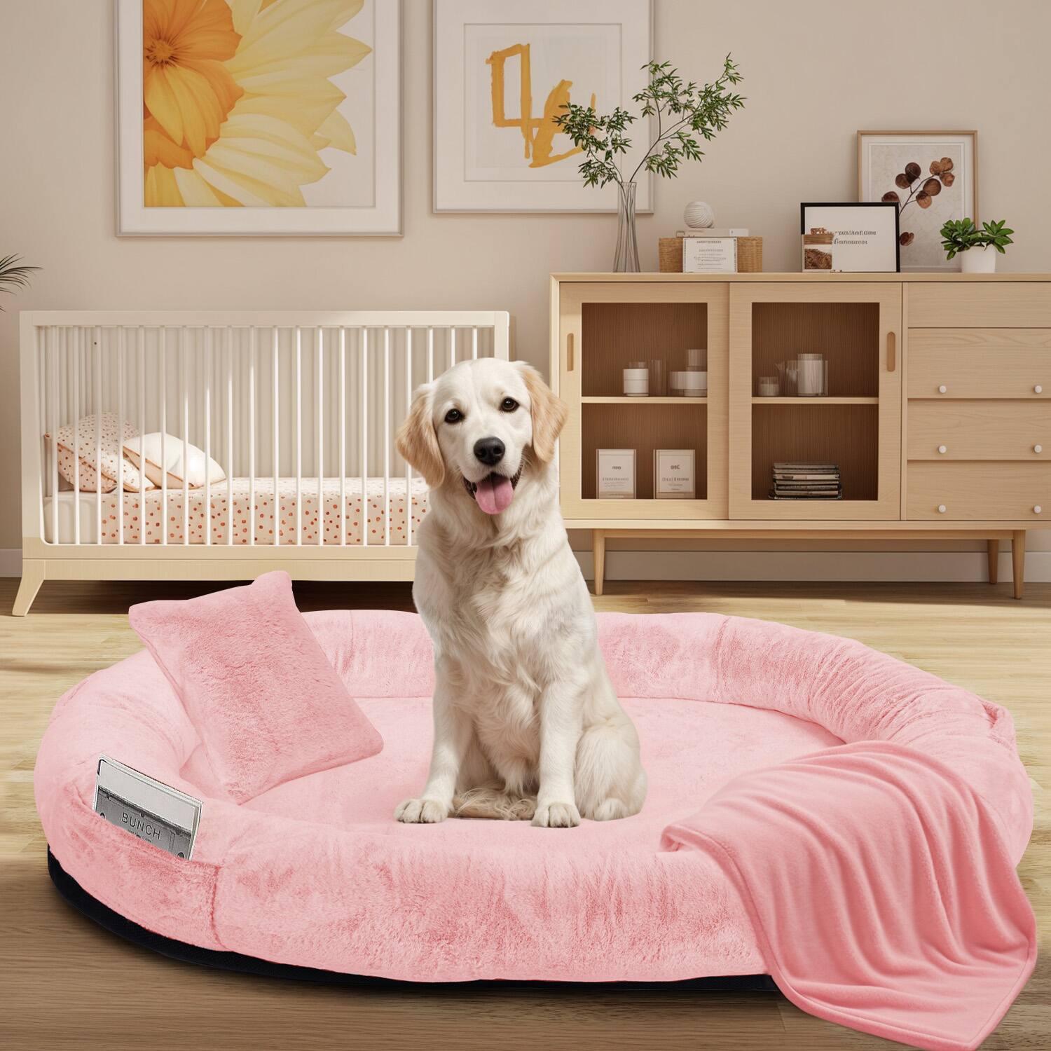 Alt View 4. Furryfection - Oversize Faux Fur Human dog Bed with Pillow and Blanket - Pink.
