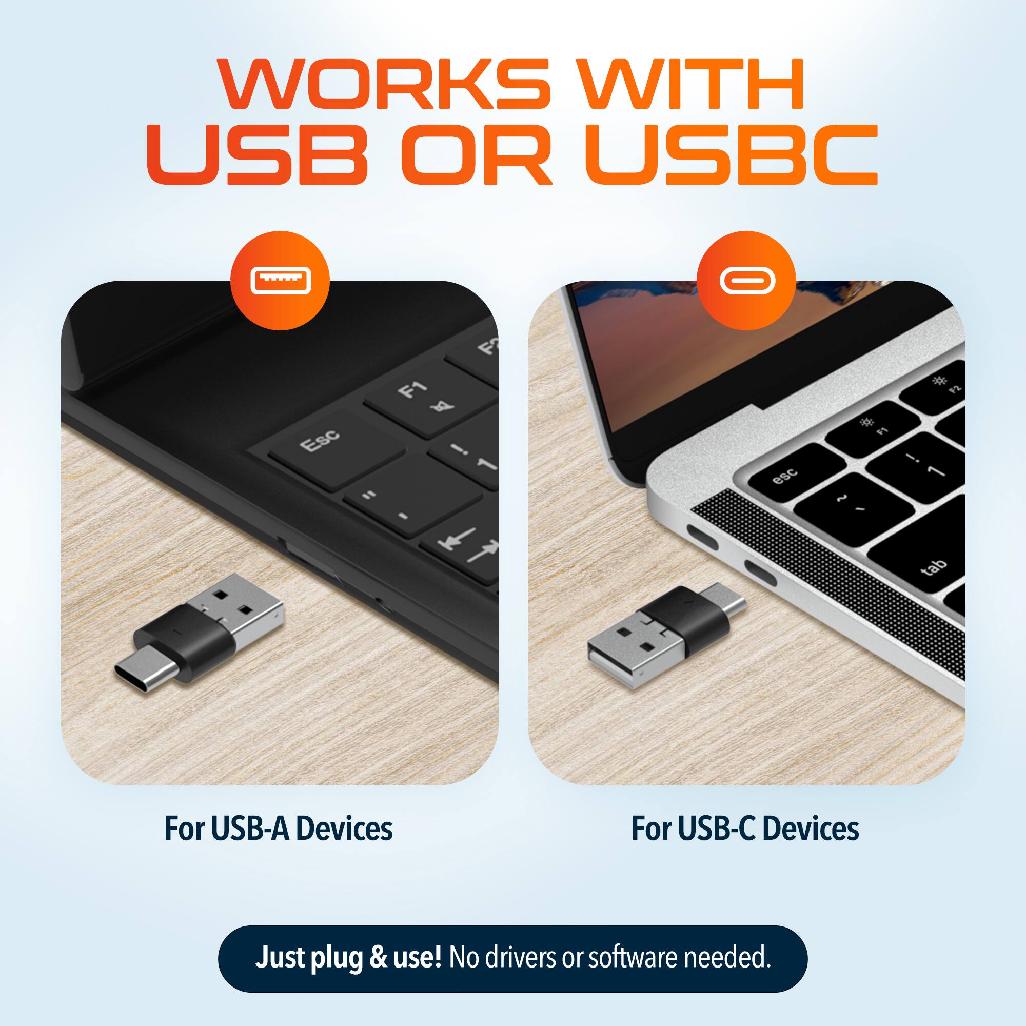 WORKS WITH USB OR USBC

For USB-A Devices

For USB-C Devices

Just plug & use! No drivers or software needed.