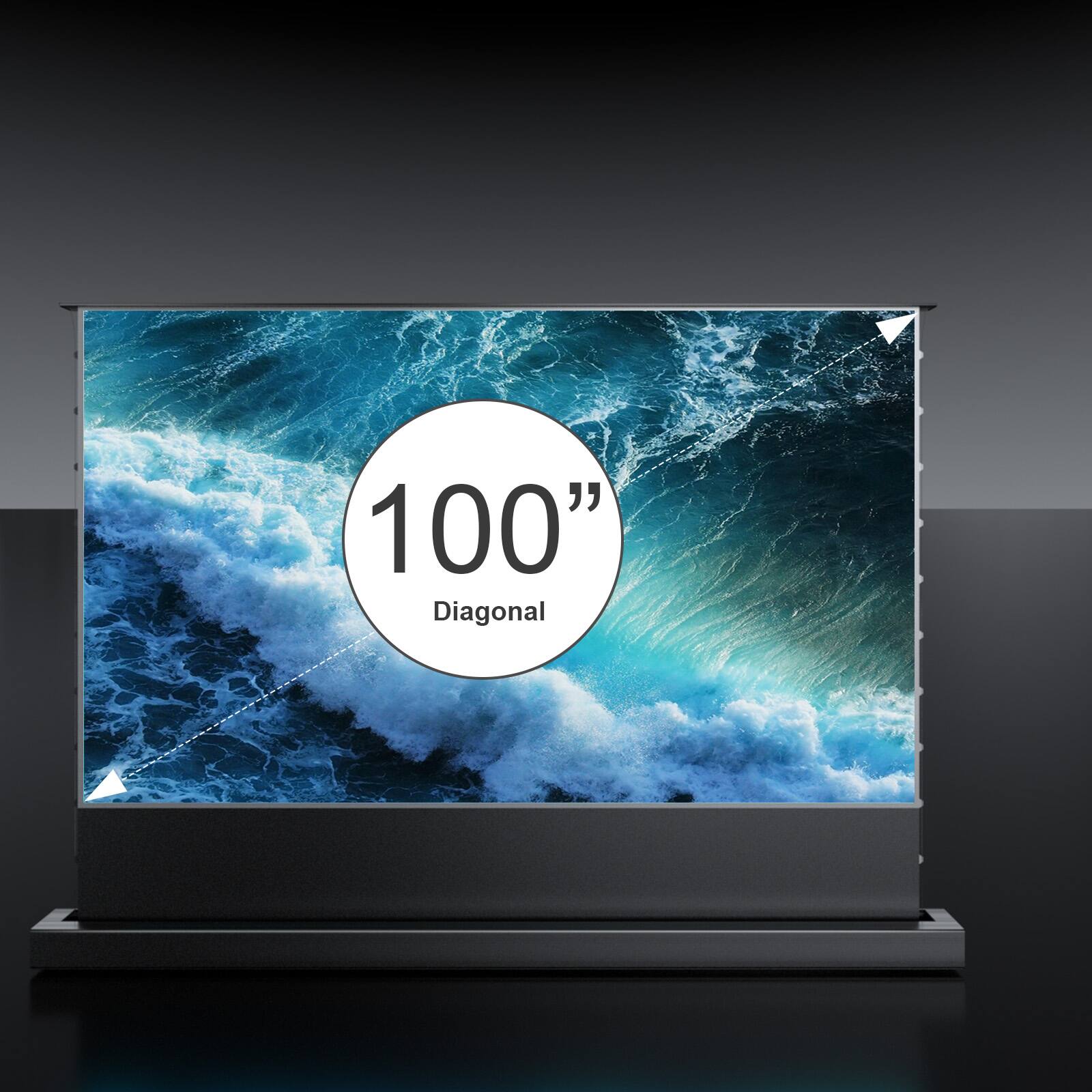 The image features a large screen with a diagonal length of 100 inches, which is a significant aspect of the display. The screen is likely used for presentations or entertainment purposes, providing an immersive viewing experience. The image is categorized as a projector screen, which is designed to project images and videos onto a large surface for a more engaging and visually appealing experience.