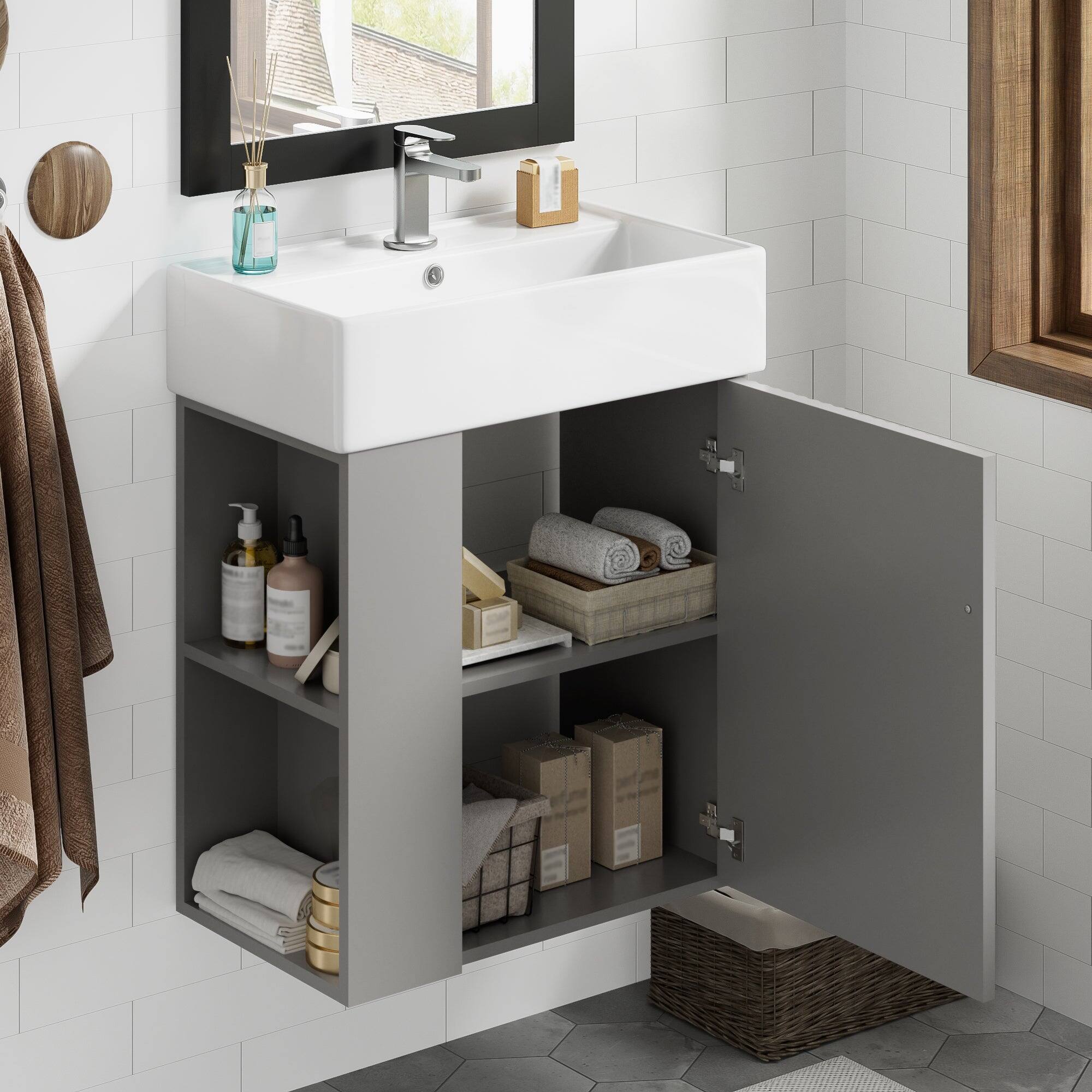 Alt View 5. Boyel Living - 21.6 Inch Gray Bathroom Vanity with Ceramic Sink Left Side Storage Soft Close Door MDF Cabinet Wall Mounted - Gray.