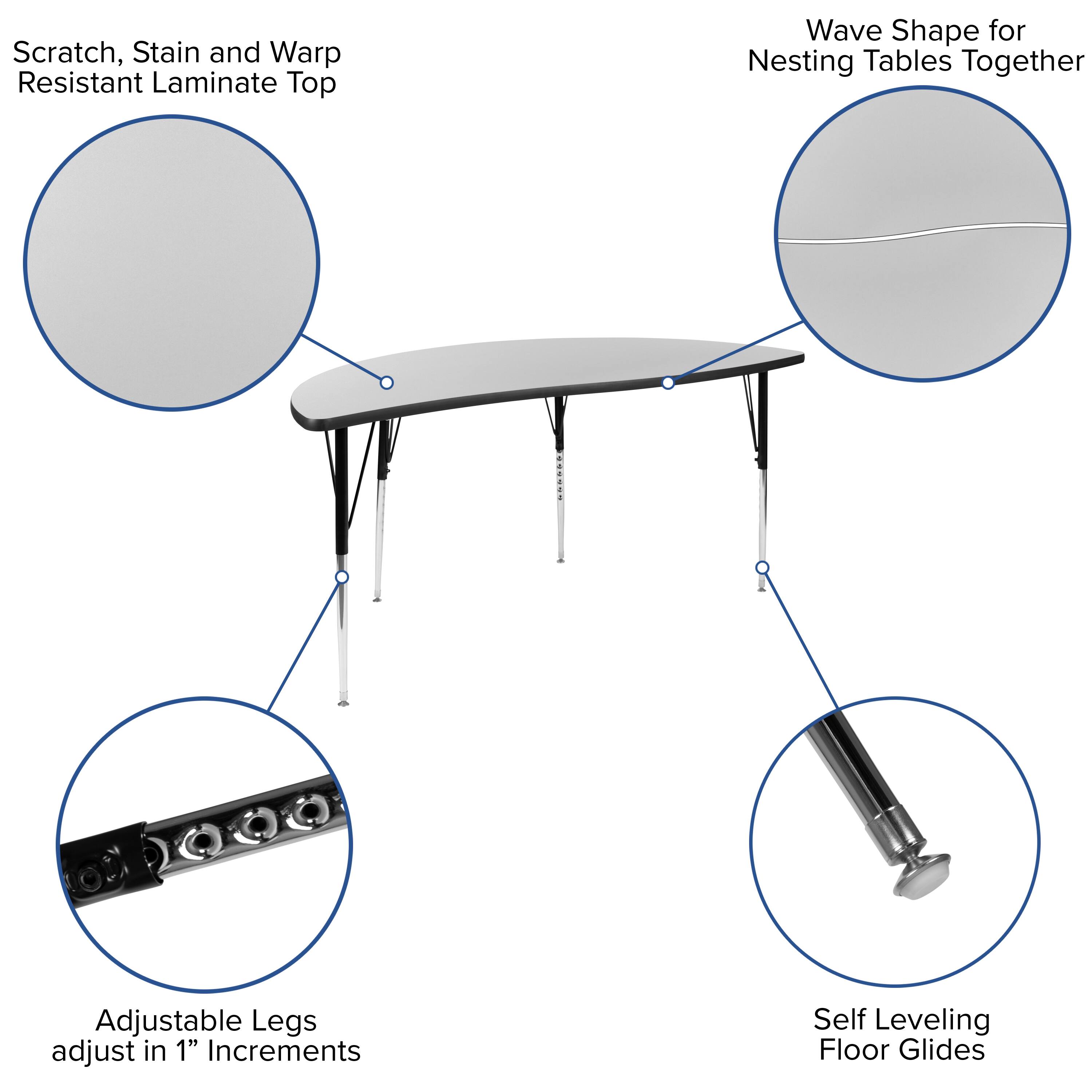 Scratch, Stain and Warp Resistant Laminate Top

Wave Shape for Nesting Tables Together

Adjustable Legs adjust in 1" Increments

Self Leveling Floor Glides