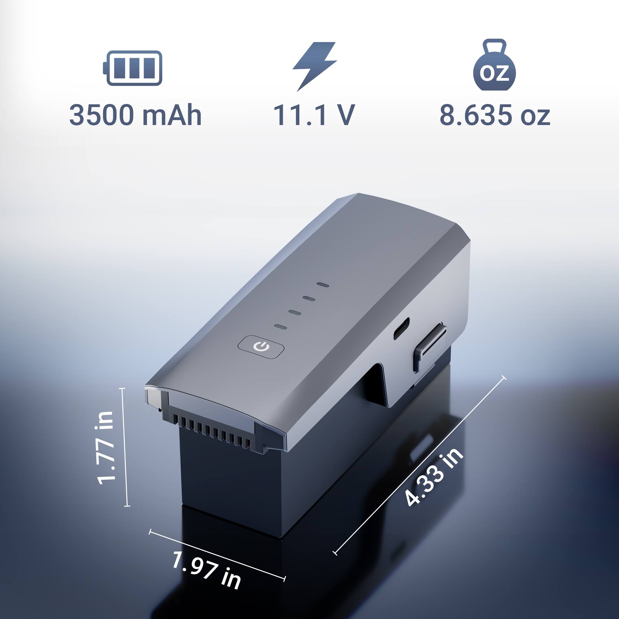 3500 mAh  
11.1 V  
8.635 oz  

1.77 in  
1.97 in  
4.33 in