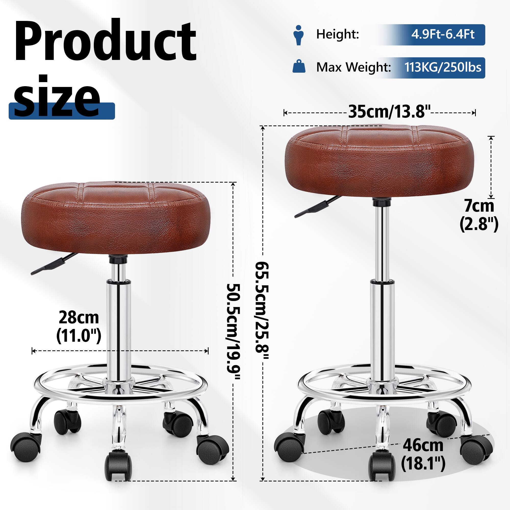 Alt View 3. KERDOM - Versatile Rolling Stool Adjustable Height PU Leather Swivel Small Office Chair without Back for Drawing Tattoo Salon Lab - Browm.