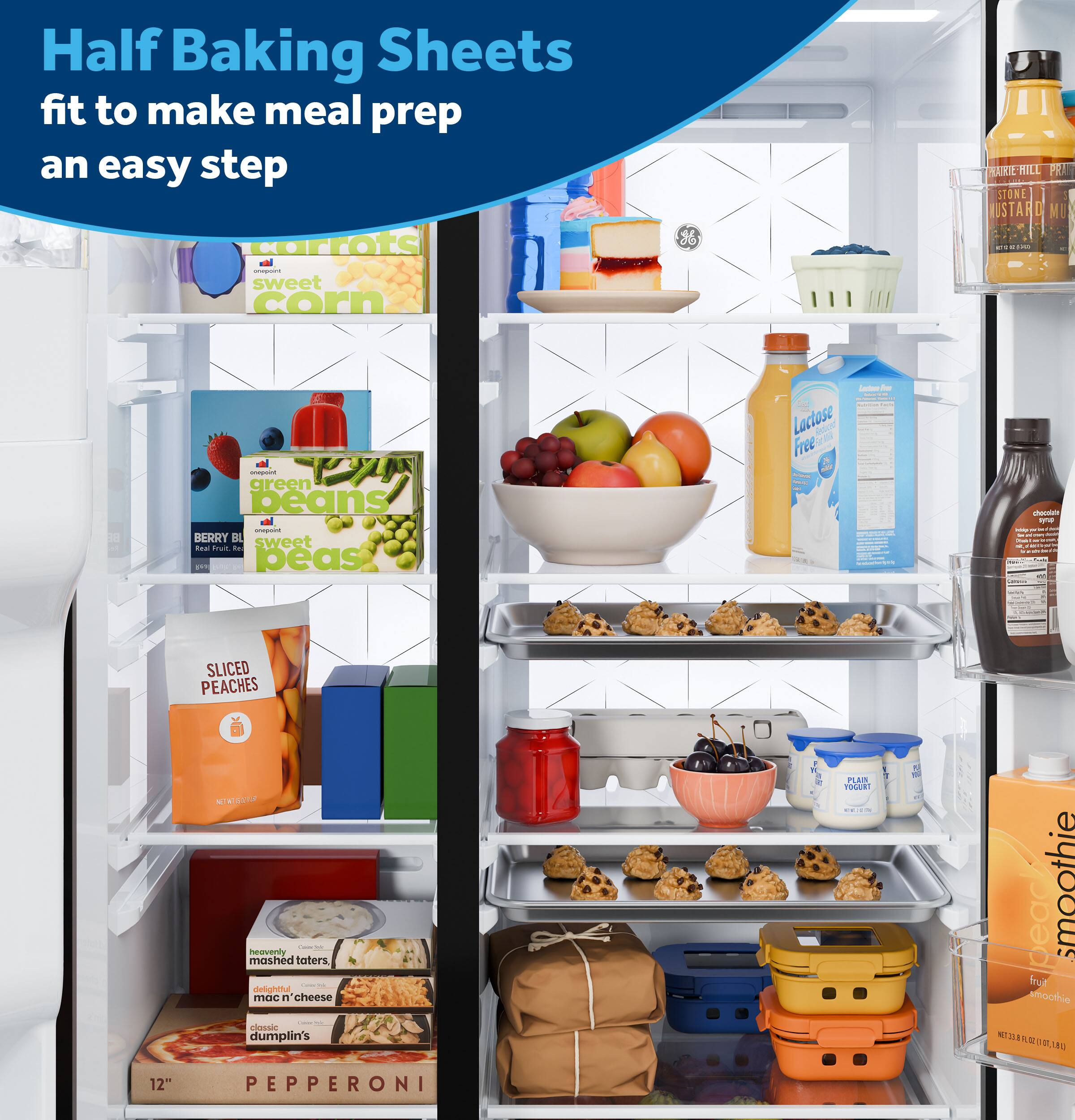 Half Baking Sheets fit to make meal prep an easy step

- Carrots
- Sweet Corn
- Green Beans
- Berry Blasted Sweet Peas
- Lactose Free Milk
- Sliced Peaches
- Heavenly Mashed Taters
- Delightful Mac 'n Cheese
- Classic Dumplin's
- 12" Pepperoni
- Parie Hill Stone Mustard
- Chobani Smoothie