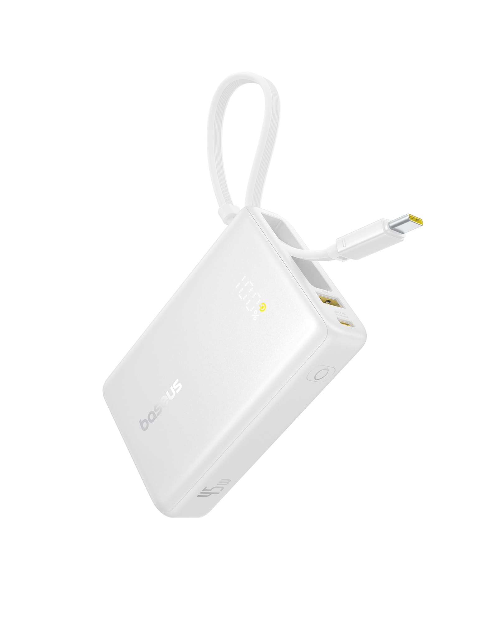 Baseus - Power Bank, Picogo 10000mAh 45W 3-Output Portable Charger with Built-in USB-C Cable - White
