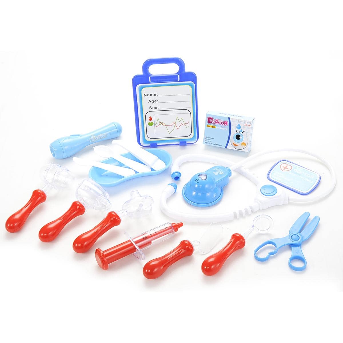 JuzToys - 16pcs Hopital Doctor Kit with Light & Sound – Pretend Play Doctor Medical Tools Include Stethoscope, ID Badge – - Blue price history on PriceWatchPro