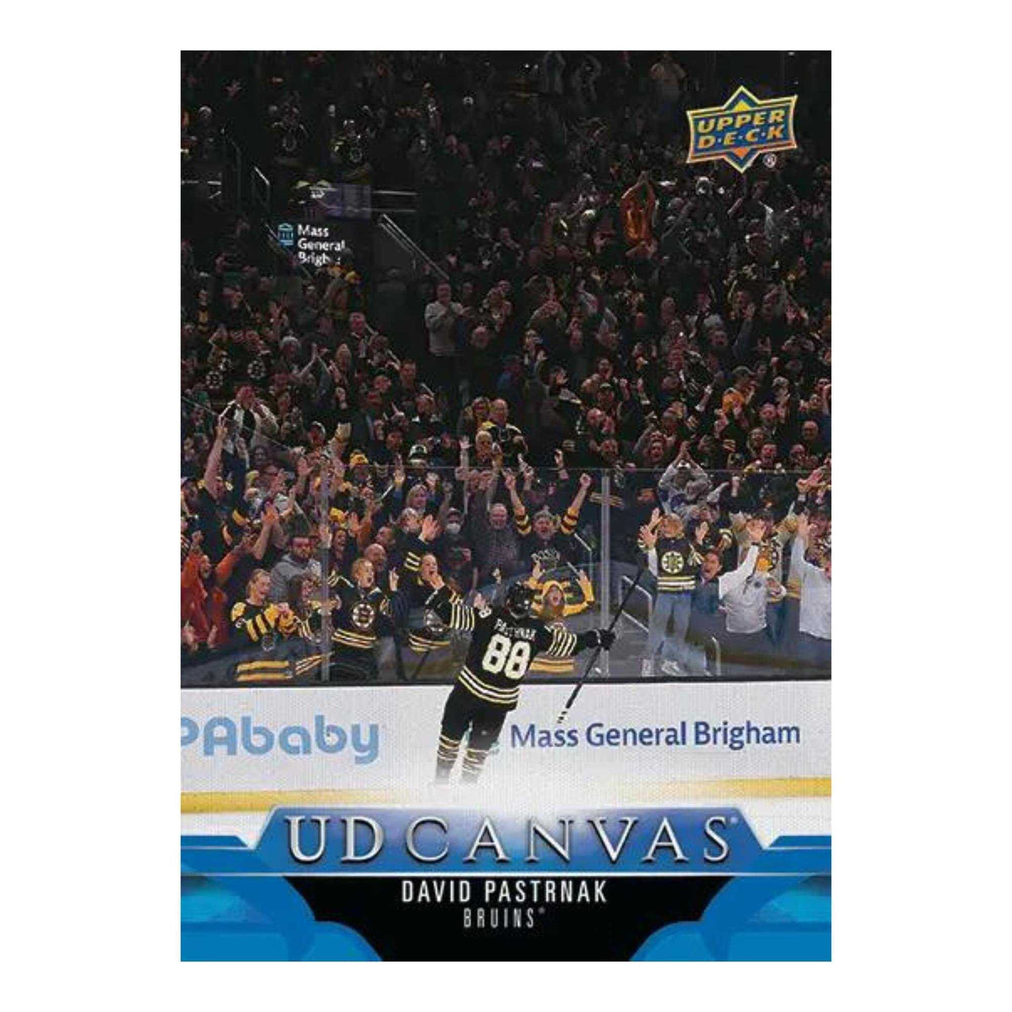 Sure, here is the corrected and grouped text from the image:

---

**Upper Deck**

**Mass General Brigham**

**UD CANVAS**

**David Pastrnak**

**Bruins**

**Pababy**

**Upper Deck**

**Mass General Brigham**

**UD CANVAS**

**David Pastrnak**

**Bruins**

---