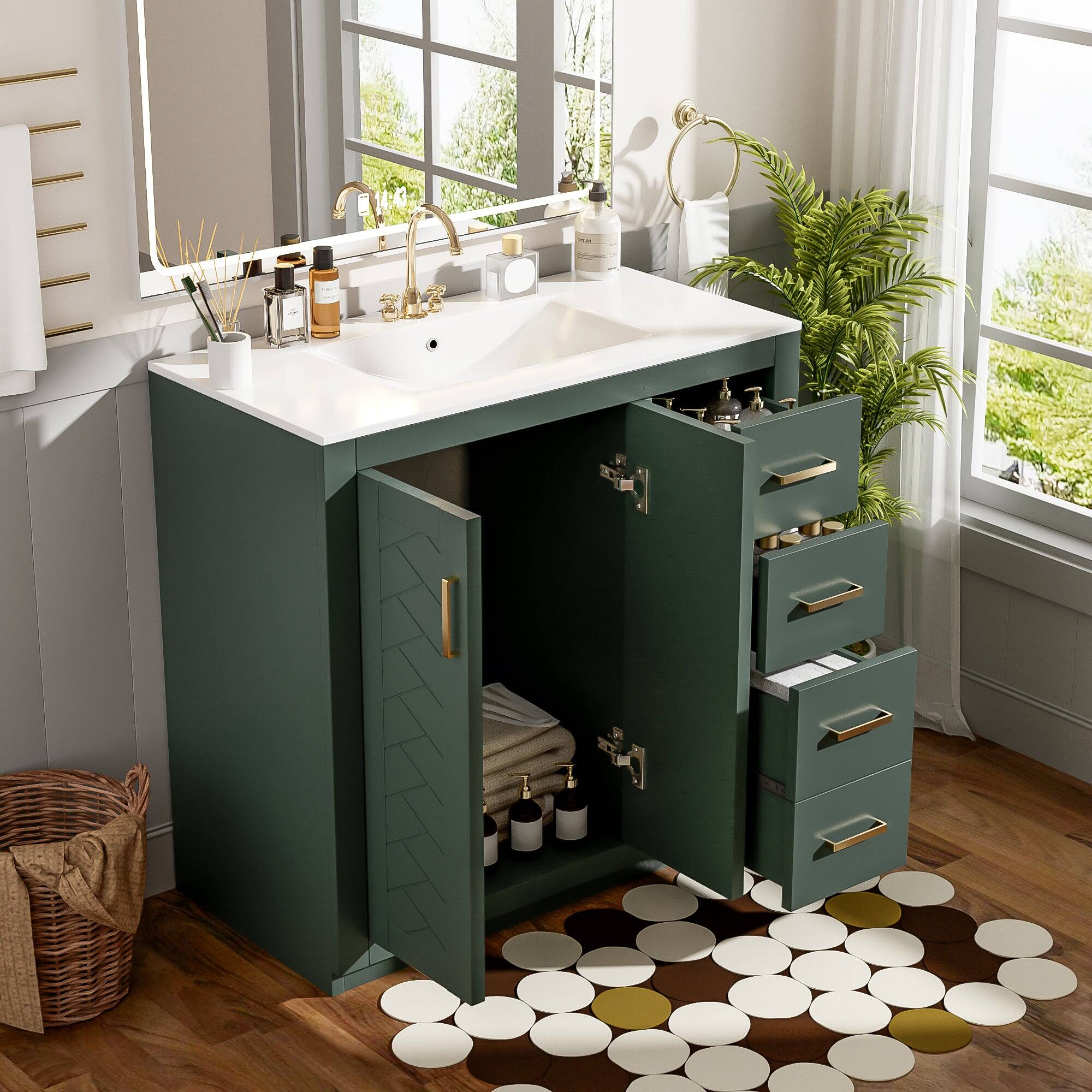 Alt View 2. Boyel Living - 36 Inch Solid Wood Bathroom Vanity with Ceramic Sink and Three Drawers Green - Green.