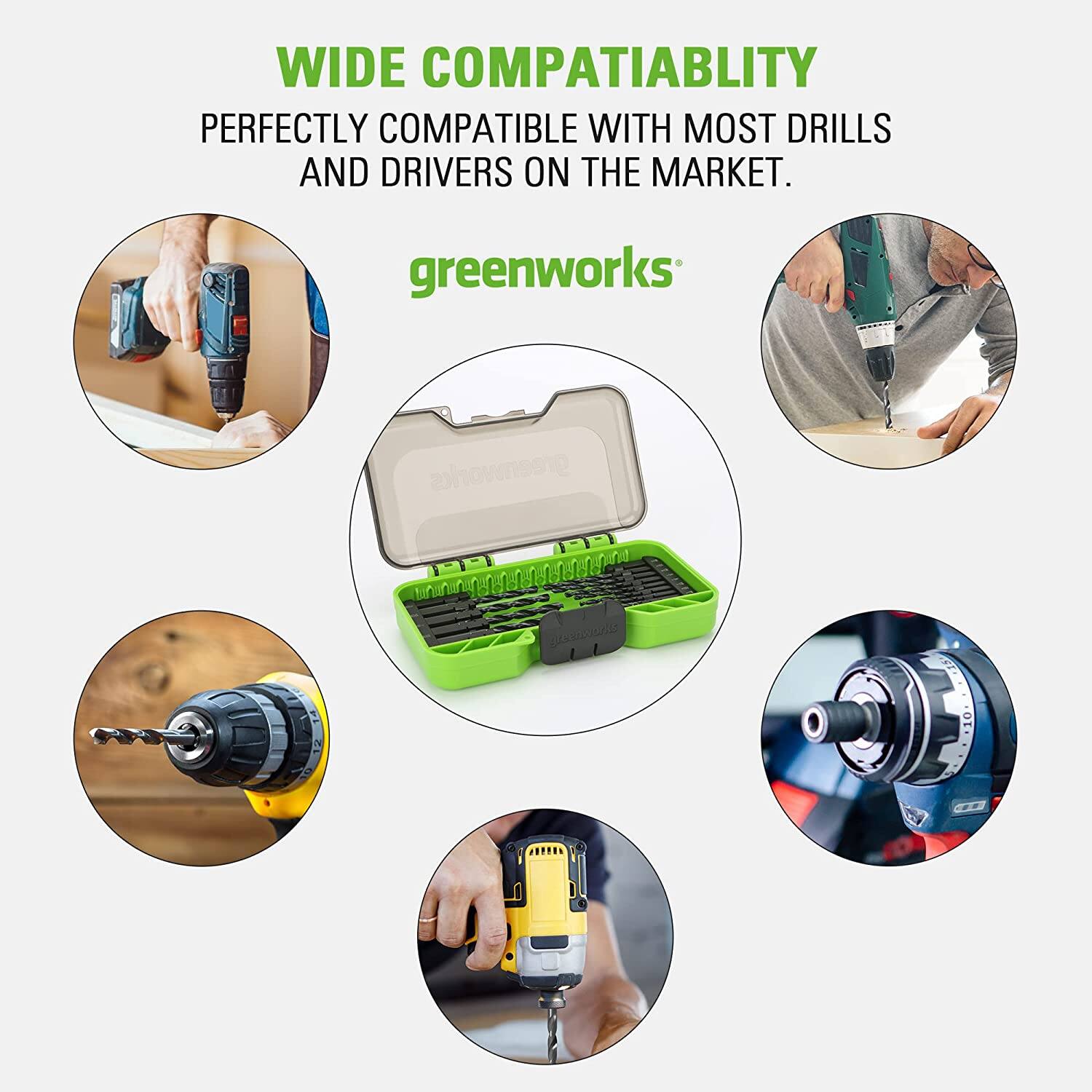 WIDE COMPATIBILITY  
PERFECTLY COMPATIBLE WITH MOST DRILLS AND DRIVERS ON THE MARKET.  

greenworks