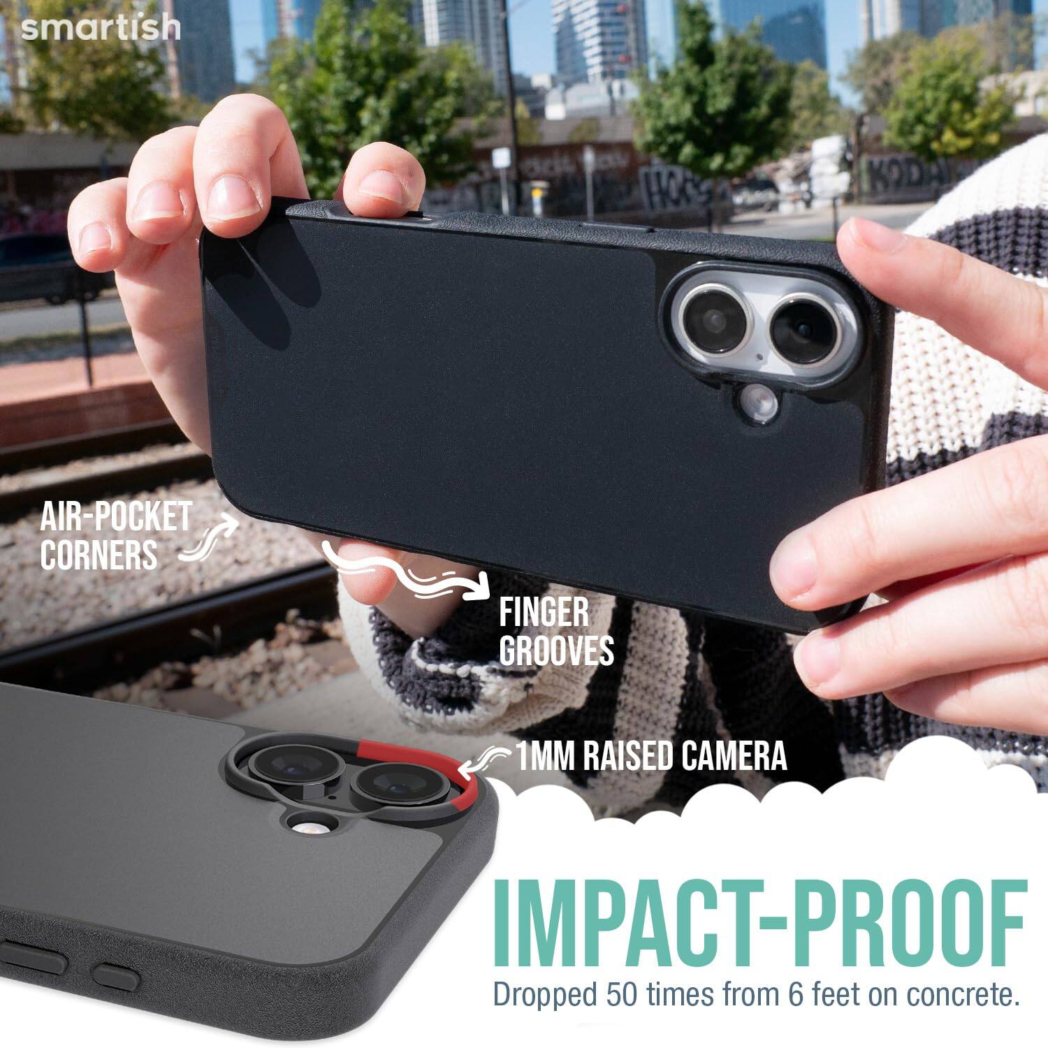 smartish  
AIR-POCKET CORNERS  
FINGER GROOVES  
1MM RAISED CAMERA  
IMPACT-PROOF  
Dropped 50 times from 6 feet on concrete.