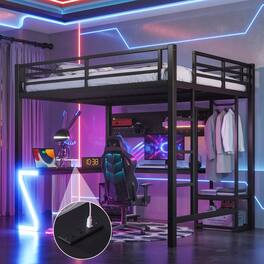 Anysun - Queen Loft Bed w/ L-Shaped Desk, USB Ports, Metal Frame, Computer Tray, Peg Board, Z-Shaped LED Lights - Black