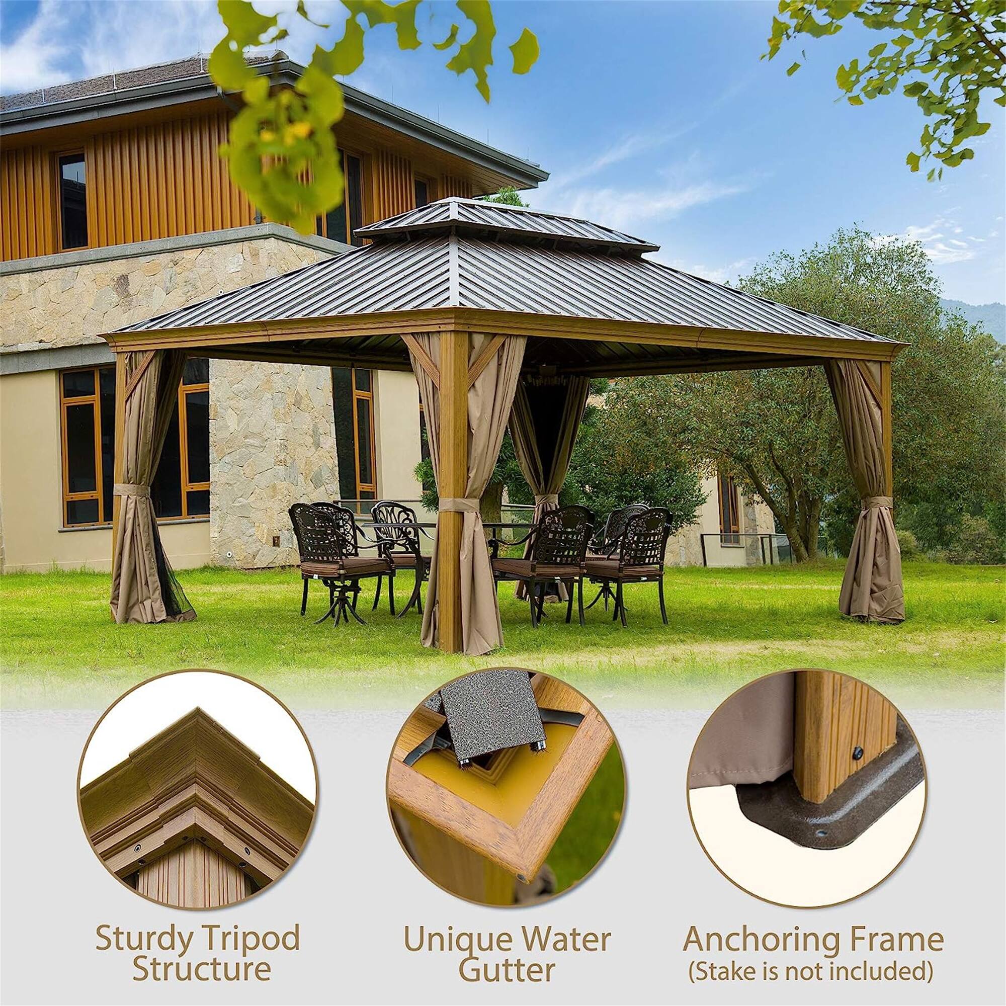 Sturdy Tripod Structure  
Unique Water Gutter  
Anchoring Frame (Stake is not included)