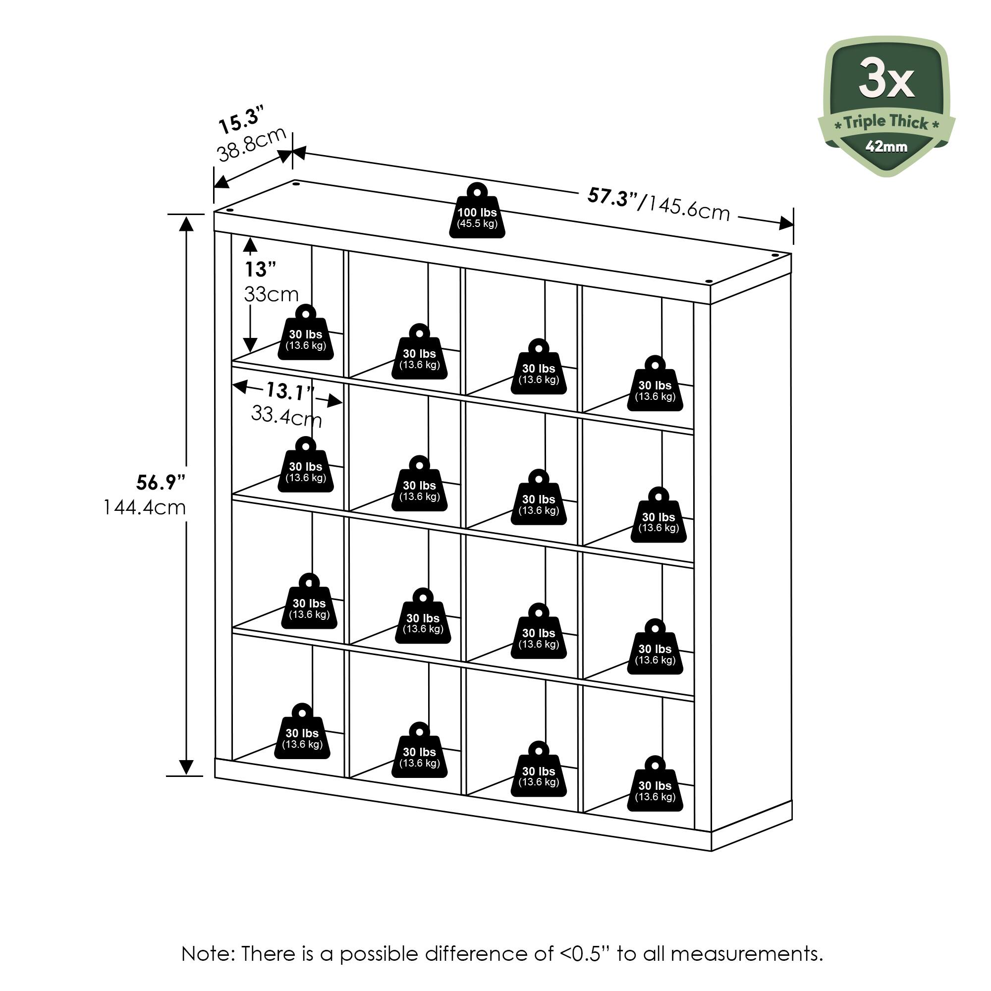 15.3" (38.8 cm)  
57.3" (145.6 cm)  
100 lbs (45.5 kg)  
56.9" (144.4 cm)  
13" (33 cm)  
13.1" (33.4 cm)  
30 lbs (13.6 kg)  
3x Triple Thick 42mm  
Note: There is a possible difference of <0.5" to all measurements.