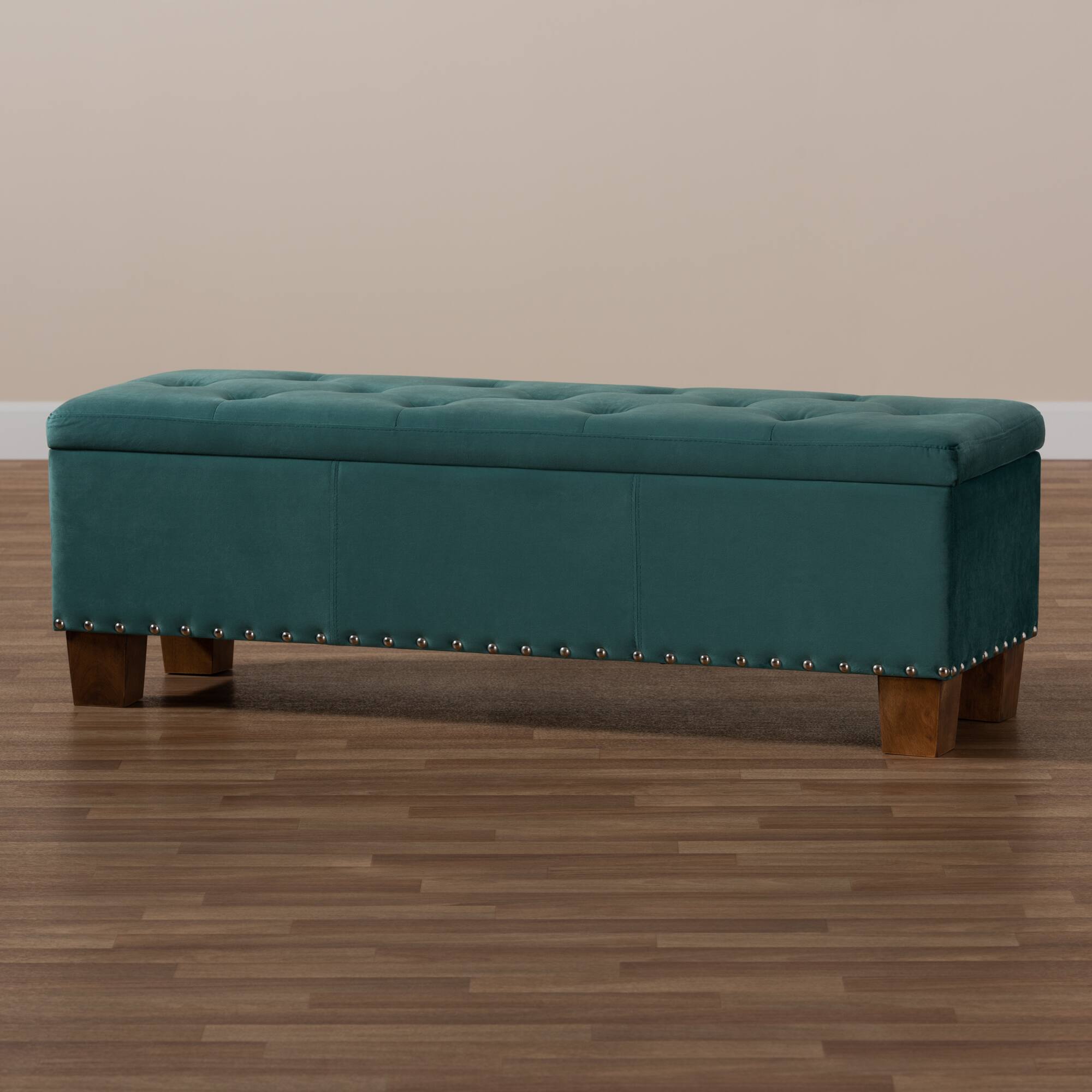 Alt View 6. Baxton Studio - Hannah Modern and Contemporary Velvet Fabric Upholstered Button-Tufted Storage Ottoman Bench - Teal Blue/Brown.