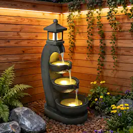 Anysun - 35 Inch Outdoor Water Fountain with Lights – 3-Tier Bowl Cascading Resin Lantern Style Garden Fountain for Yard - Gray