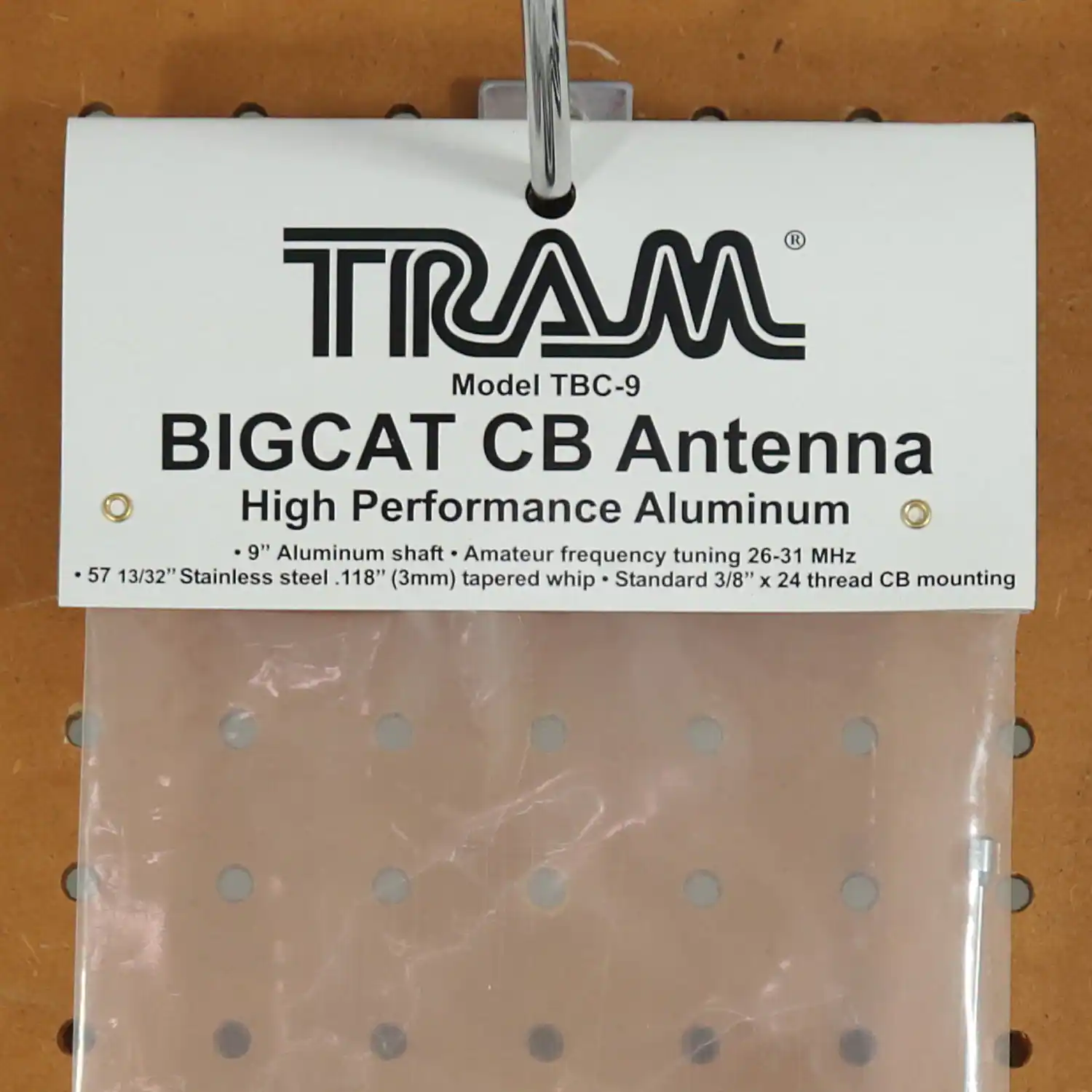 TRAM  
Model TBC-9  
BIGCAT CB Antenna  
High Performance Aluminum  

- 9" Aluminum shaft  
- Amateur frequency tuning 26-31 MHz  
- 57 13/32" Stainless steel .118" (3mm) tapered whip  
- Standard 3/8" x 24 thread CB mounting