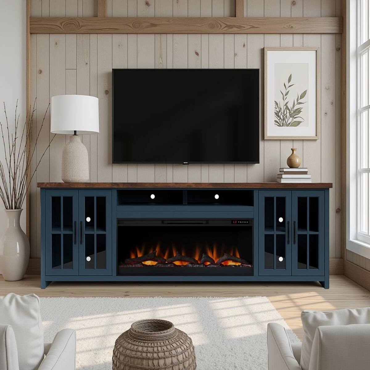 Front. Loheer - Loheer 97 inch farmhouse fireplace tv stand for TVs up to 100 inches with Adjustable Heat - Blue.