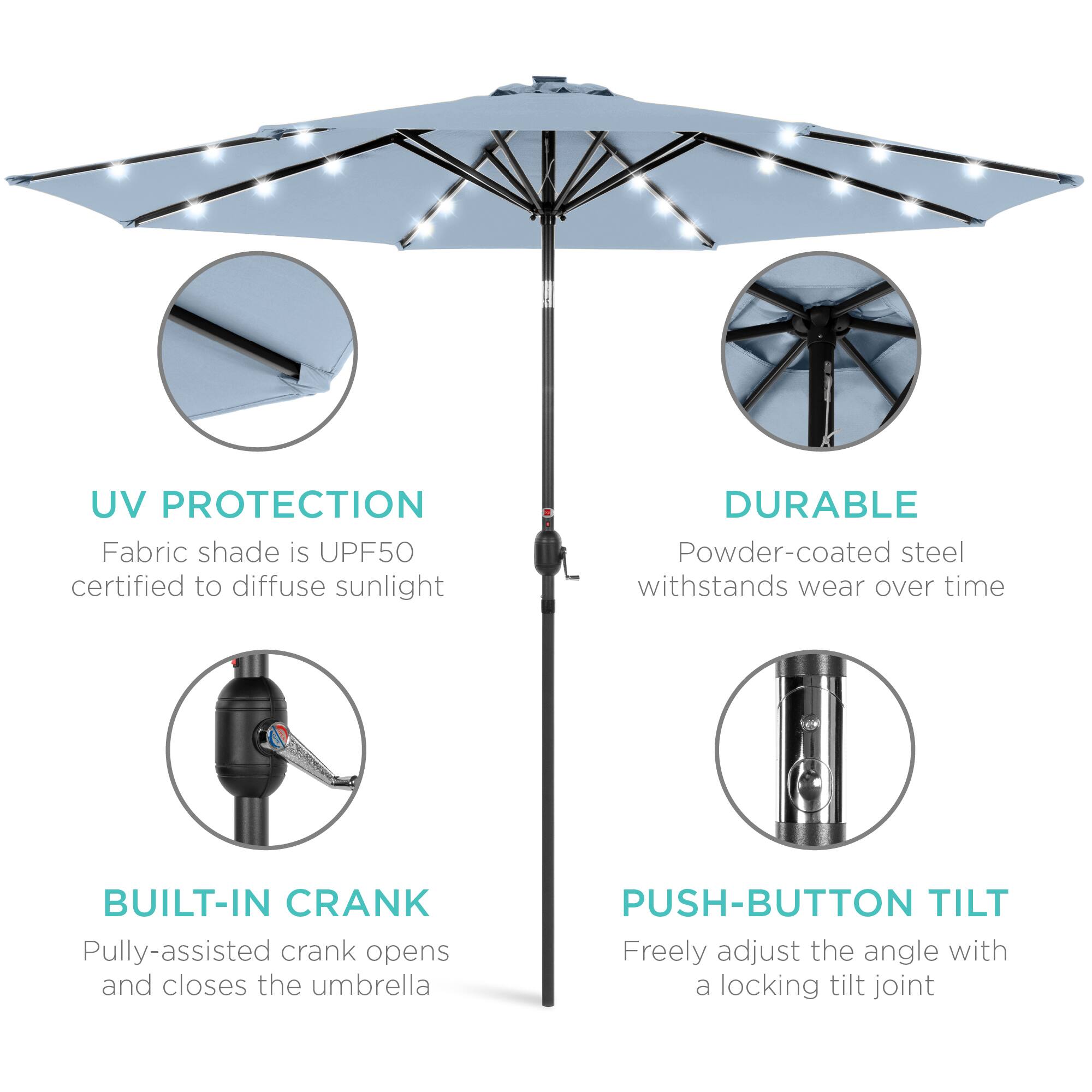 UV PROTECTION: Fabric shade is UPF50 certified to diffuse sunlight.  
DURABLE: Powder-coated steel withstands wear over time.  
BUILT-IN CRANK: Pulley-assisted crank opens and closes the umbrella.  
PUSH-BUTTON TILT: Freely adjust the angle with a locking tilt joint.