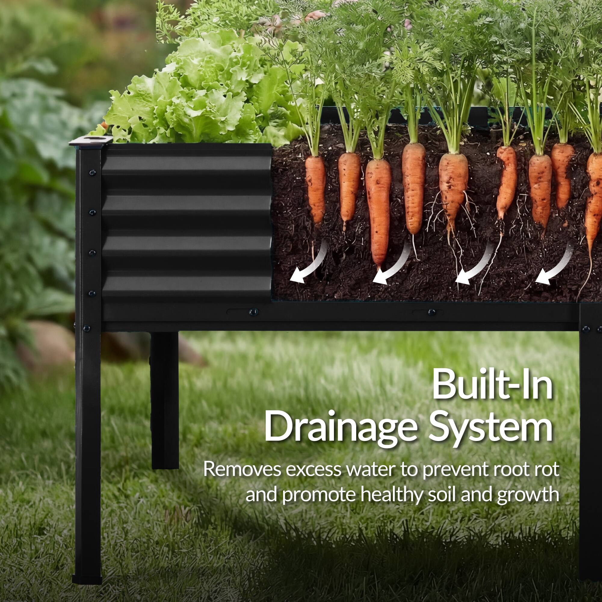Built-In Drainage System  
Removes excess water to prevent root rot and promote healthy soil and growth