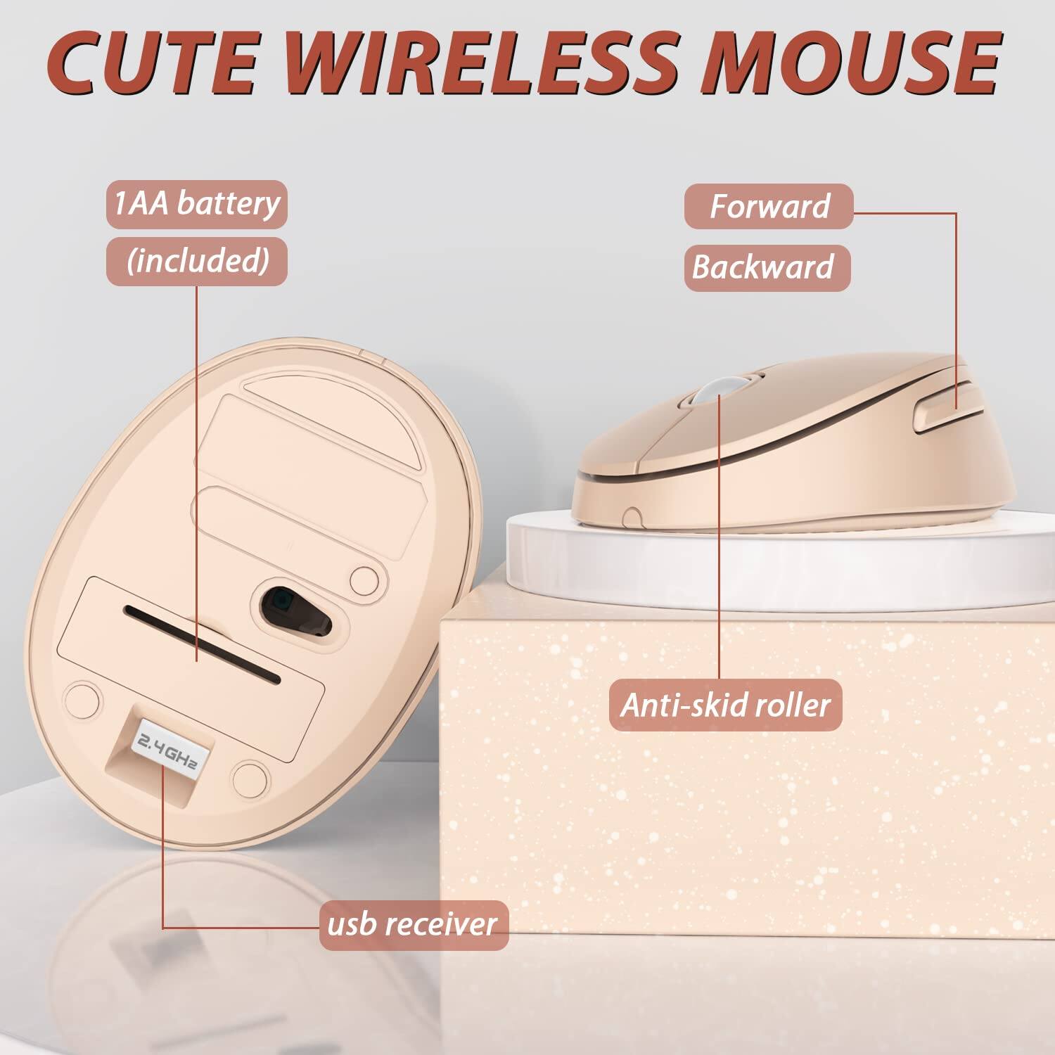 CUTE WIRELESS MOUSE

- 1AA battery (included)
- Forward
- Backward
- Anti-skid roller
- usb receiver
- 2.4GHz
