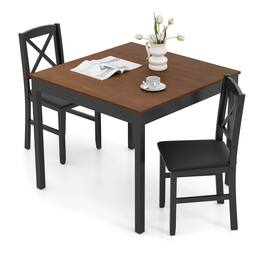 Costway - 3 PCS Dining Table Set Wooden Square Kitchen Table with 2 Upholstered Chairs - Brown