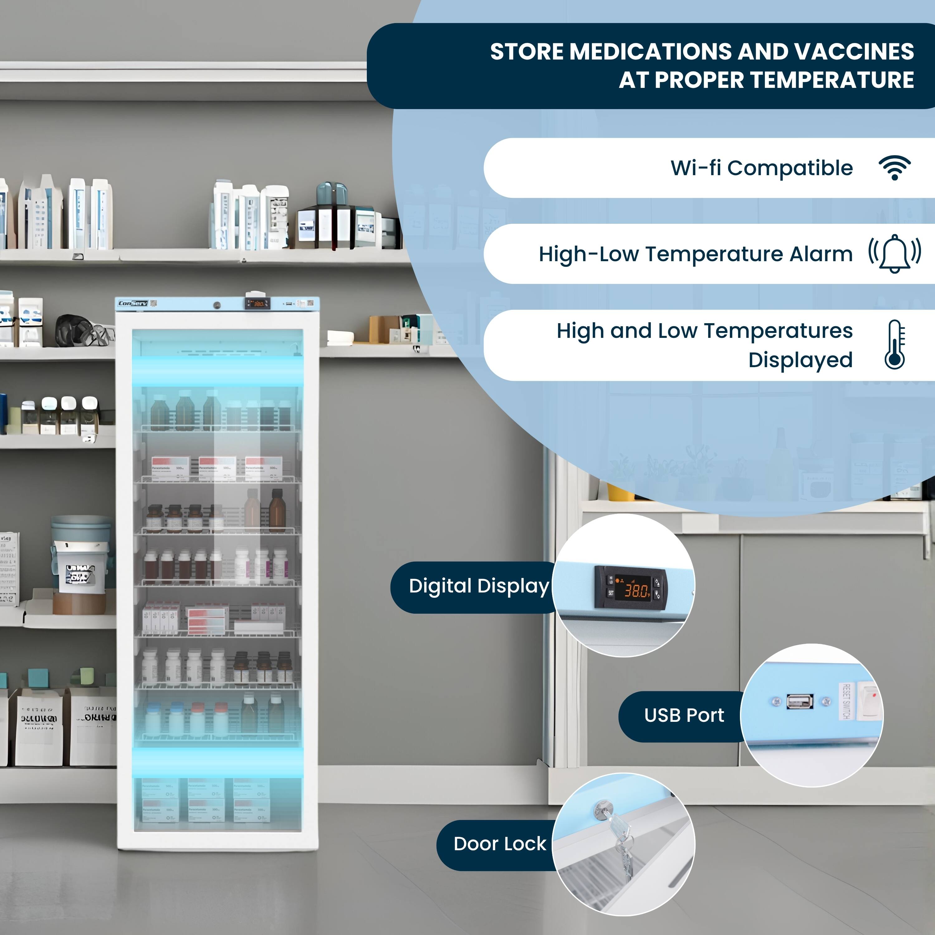 STORE MEDICATIONS AND VACCINES AT PROPER TEMPERATURE

- Wi-fi Compatible
- High-Low Temperature Alarm
- High and Low Temperatures Displayed

Digital Display
USB Port
Door Lock