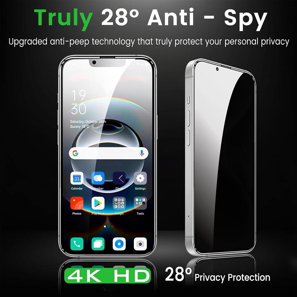 Truly 28° Anti-Spy  
Upgraded anti-peep technology that truly protect your personal privacy  

19 30  
Saturday, October 26th  
Sunny 19°C  

Calendar Weather Clock Settings  
Photos Play Store Google Tools  

4K HD  
28° Privacy Protection