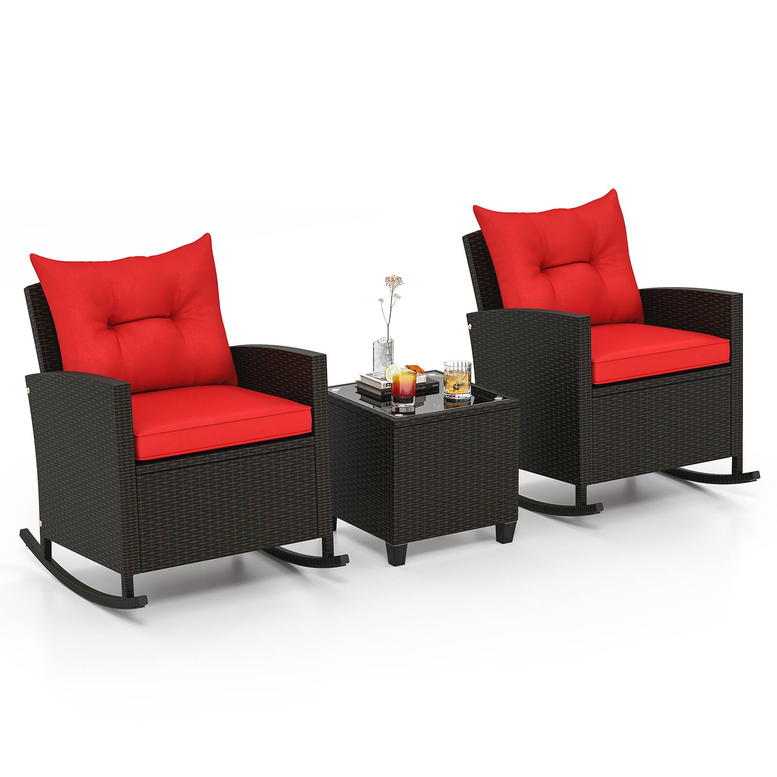 Alt View 9. Gymax - Gymax Set of 3 Wicker Rocking Set w/ Tempered Glass Table Patio Outdoor Red - Red.