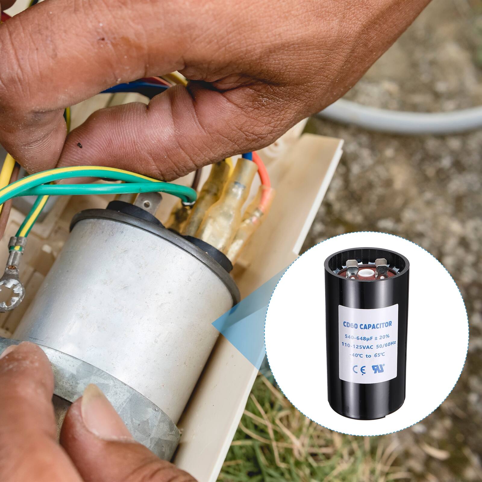 CD60 CAPACITOR  
540-648uF ± 20%  
110-125VAC 50/60Hz  
-40°C to 65°C  
CE UR