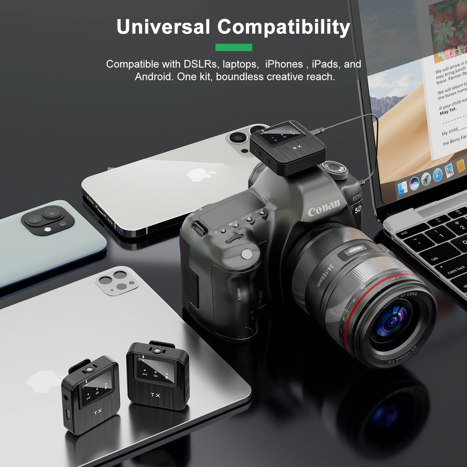 Universal Compatibility  
Compatible with DSLRs, laptops, iPhones, iPads, and Android. One kit, boundless creative reach.