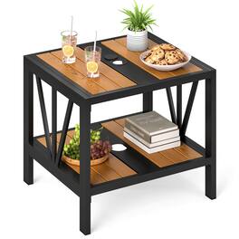 Gymax - Outdoor Side Table 2-Tier Coffee End Table w/ 1.57'' Umbrella Hole Storage Shelf - Black