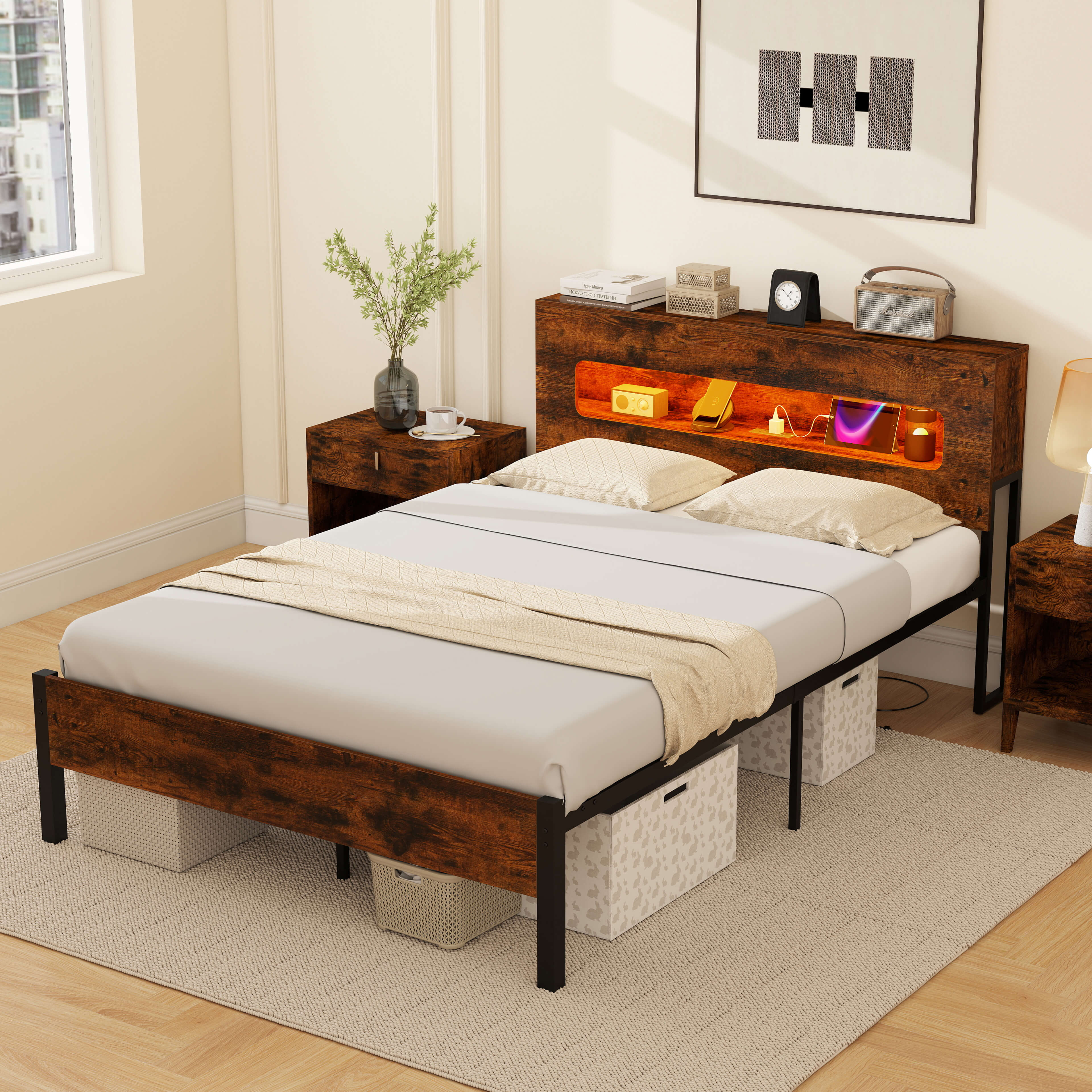 Alt View 3. Costway - Costway Full Bed Frame with LED Lights Storage Headboard Power Outlets Strong Metal Support - Brown.