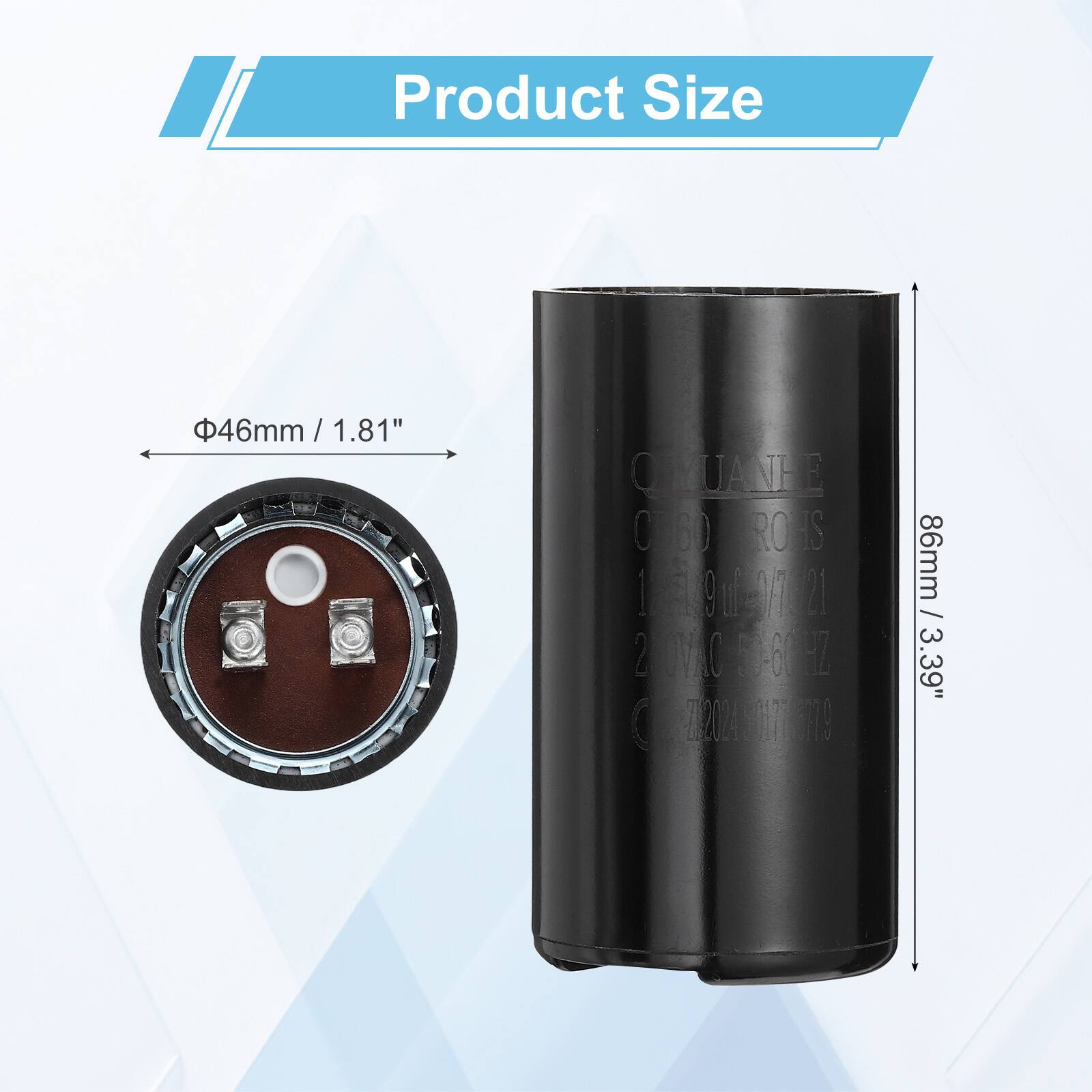 Product Size  
46mm / 1.81"  
86mm / 3.39"  

OYUJANHE 060  
ROHS  
1.49 µF 400VAC 21  
2 VAC 50-60 Hz  
T2021 1S 86