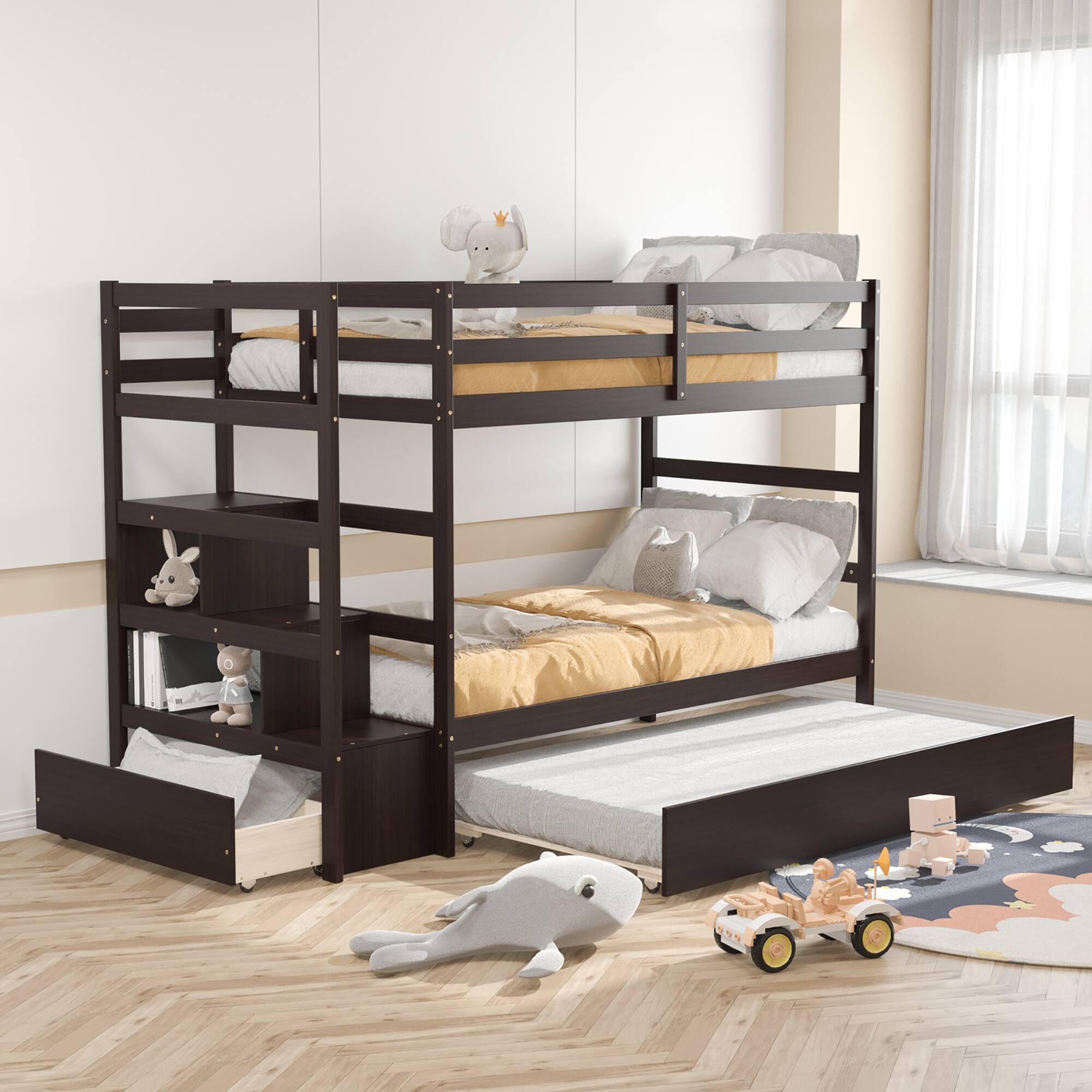 Alt View 8. Costway - Costway Twin Over Twin Bunk Bed with Trundle Stairway and Storage Shelf Drawer - Espresso.