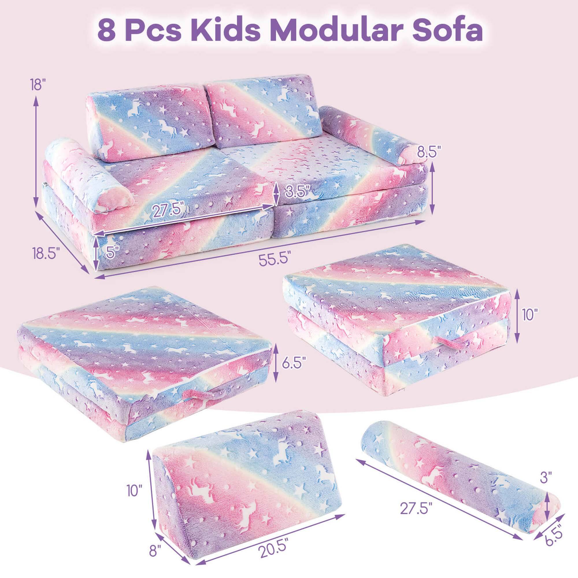 8 Pcs Kids Modular Sofa

- 18" (height)
- 18.5" (depth)
- 27.5" (width)
- 8.5" (height of backrest)
- 3.5" (height of armrest)
- 55.5" (length of main sofa)
- 10" (depth of ottoman)
- 6.5" (height of ottoman)
- 20.5" (width of ottoman)
- 27.5" (length of ottoman)
- 3" (height of ottoman)
- 6.5" (depth of ottoman)