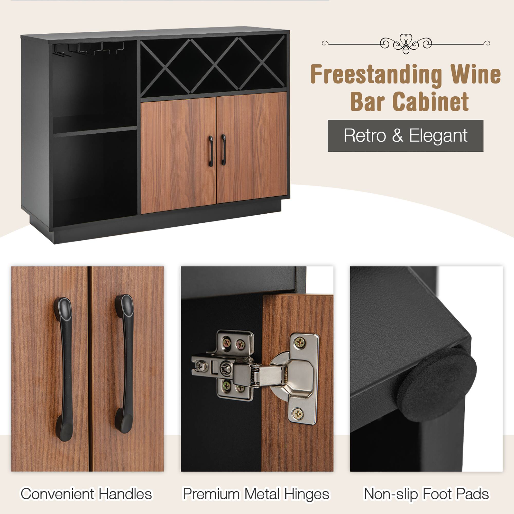 Freestanding Wine Bar Cabinet Retro & Elegant: Convenient Handles, Premium Metal Hinges, Non-slip Foot Pads