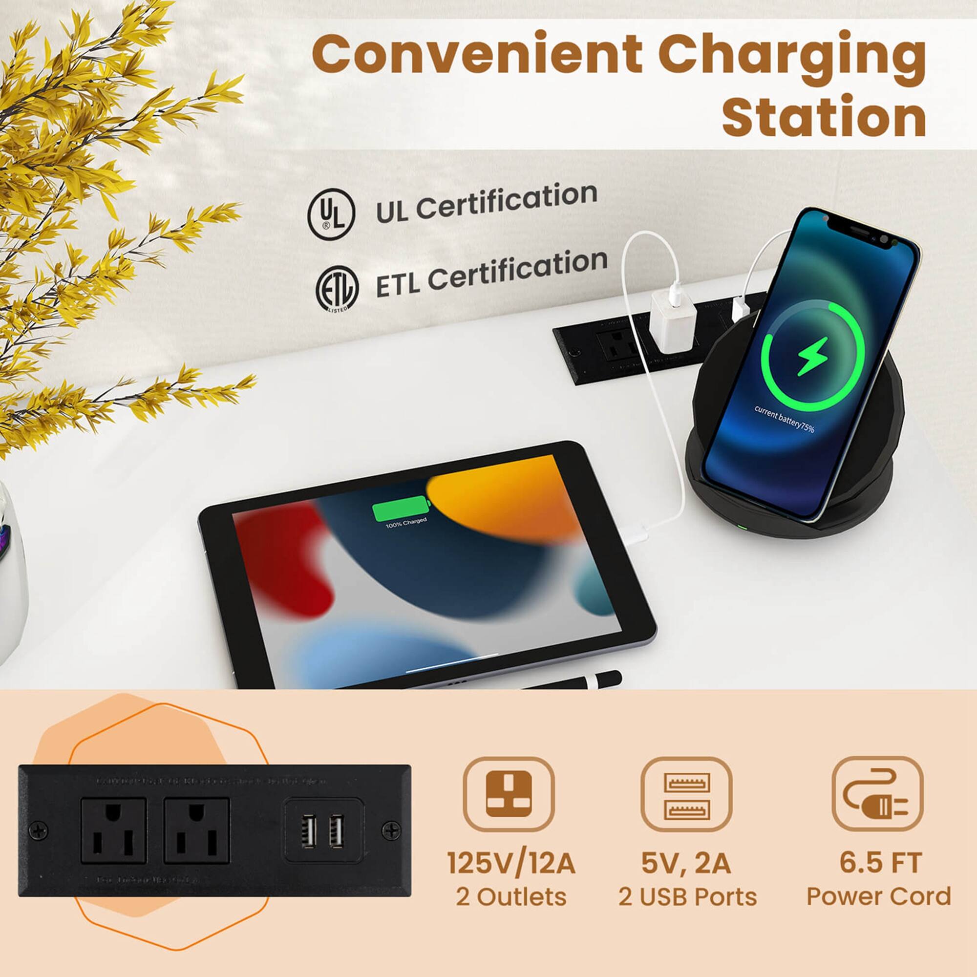 Convenient Charging Station

Certification
- UL Certification
- ETL Certification

125V/12A
2 Outlets

5V, 2A
2 USB Ports

6.5 FT Power Cord