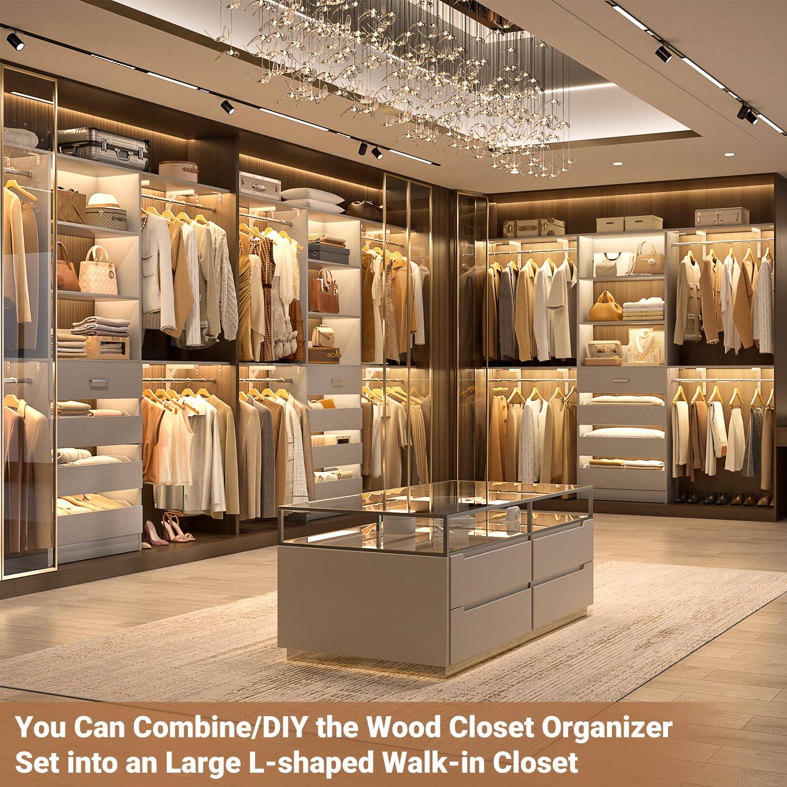 You Can Combine/DIY the Wood Closet Organizer Set into an Large L-shaped Walk-in Closet