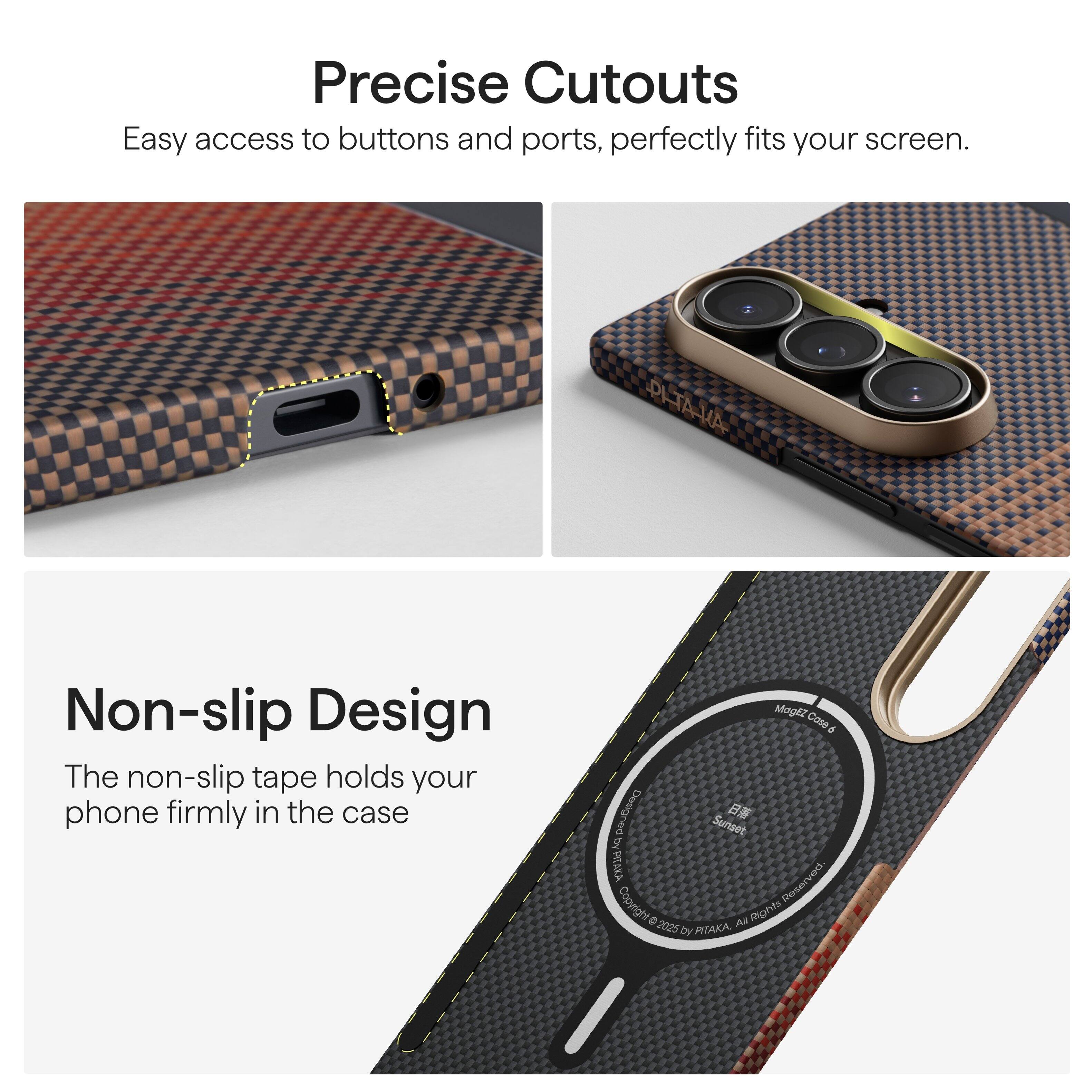 Precise Cutouts  
Easy access to buttons and ports, perfectly fits your screen.

Non-slip Design  
The non-slip tape holds your phone firmly in the case.

Mogli Case a  
Sunset o DITAKA  
Reserved Copyright © 2025 by DITAKA. All Rights Reserved.